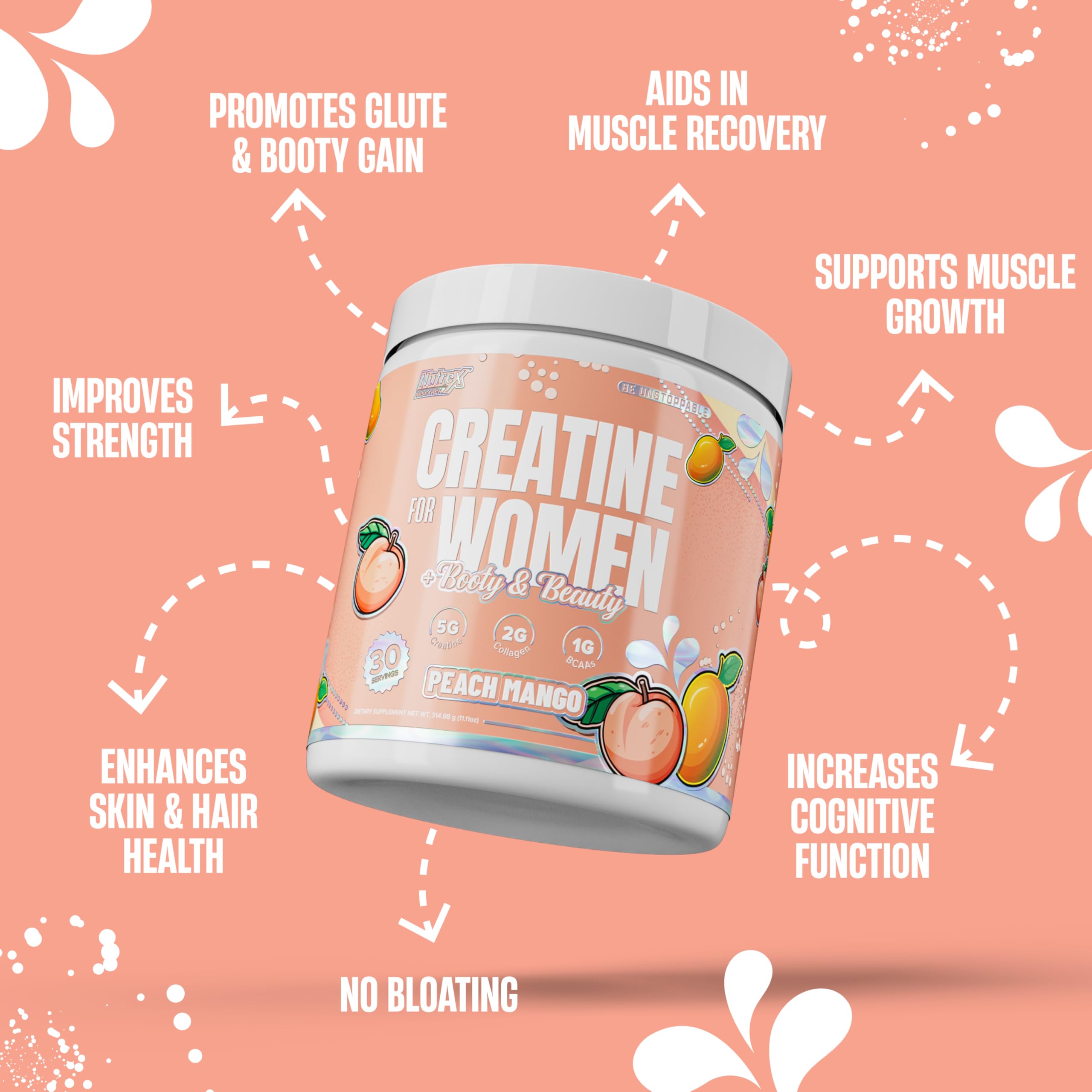 Nutrex Research Creatine Monohydrate for Women 369g Peach Mango side view