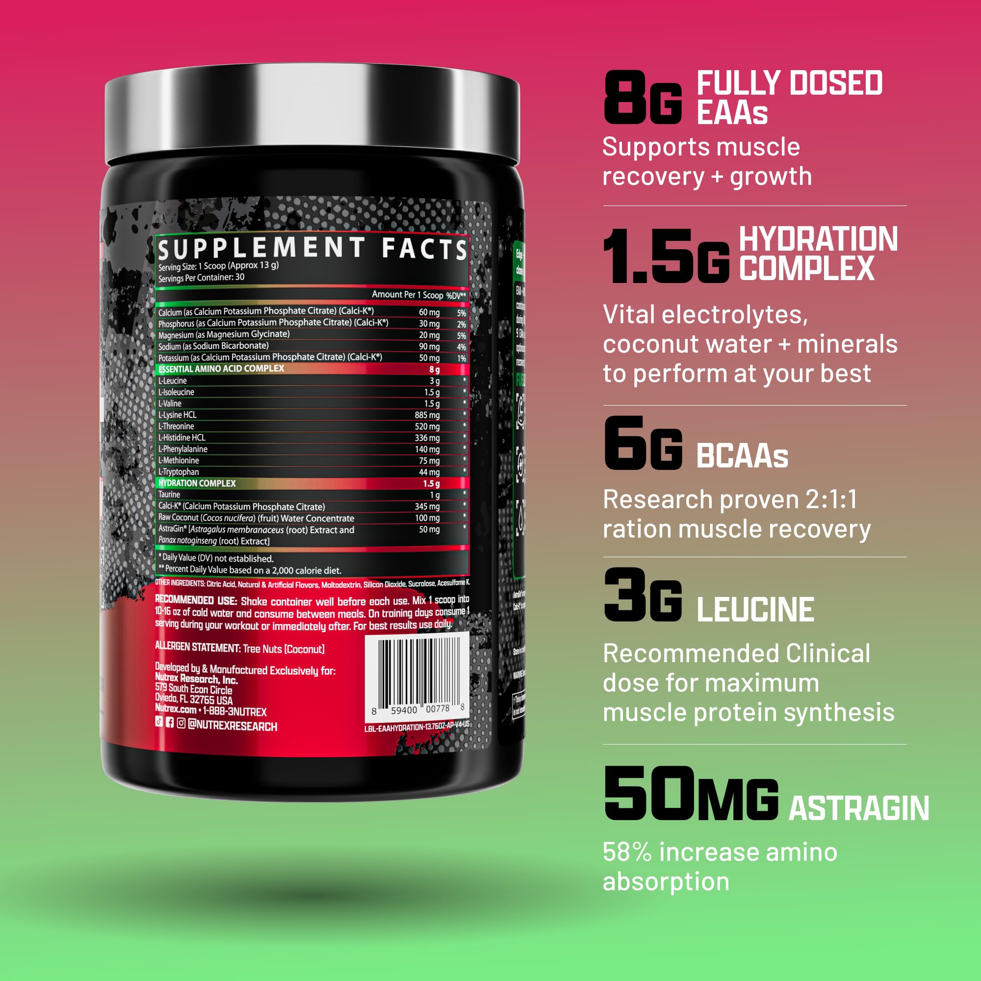Nutrex Research EAA Supplement 390g packaging side view