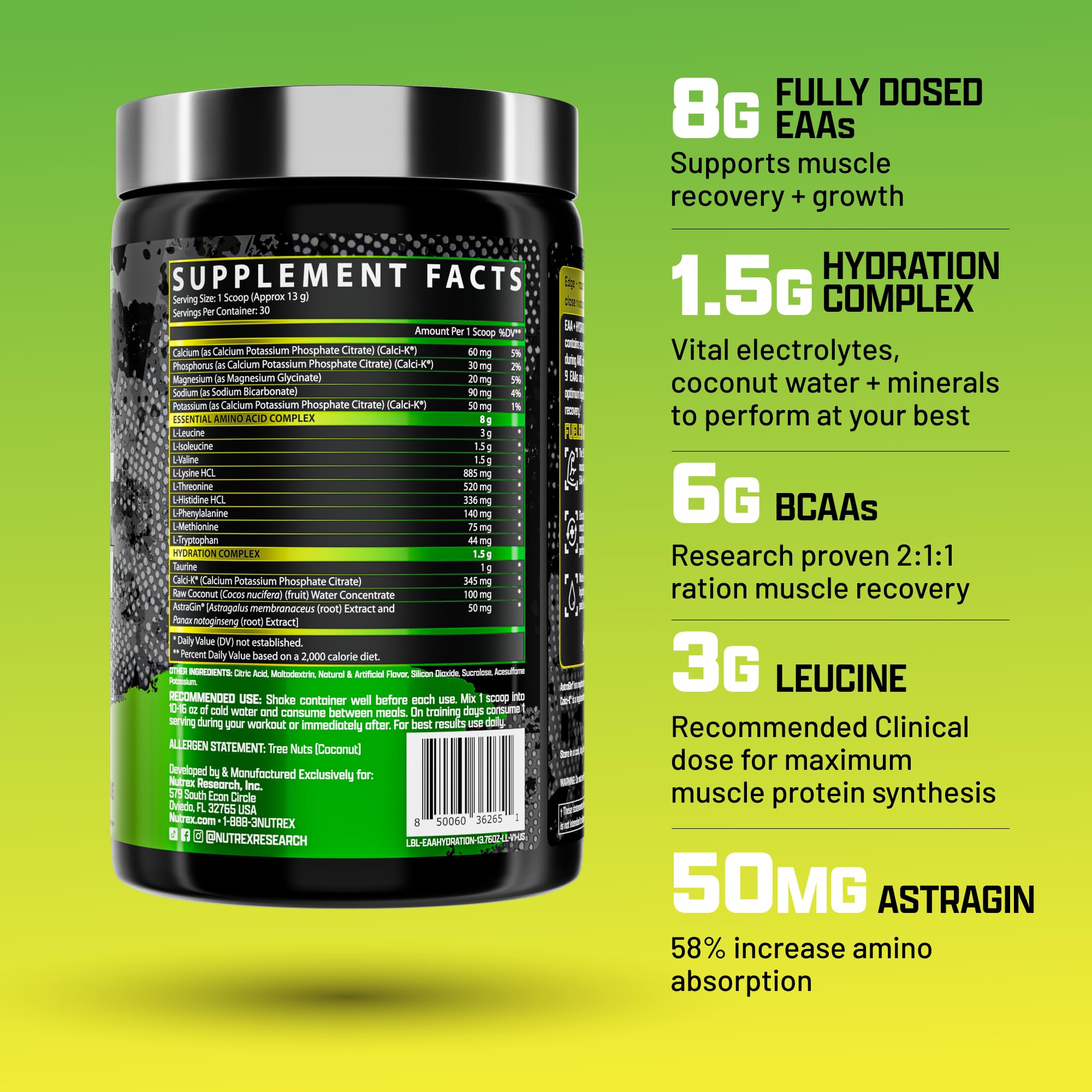 Nutrex Research EAA Supplement side view showing nutritional information