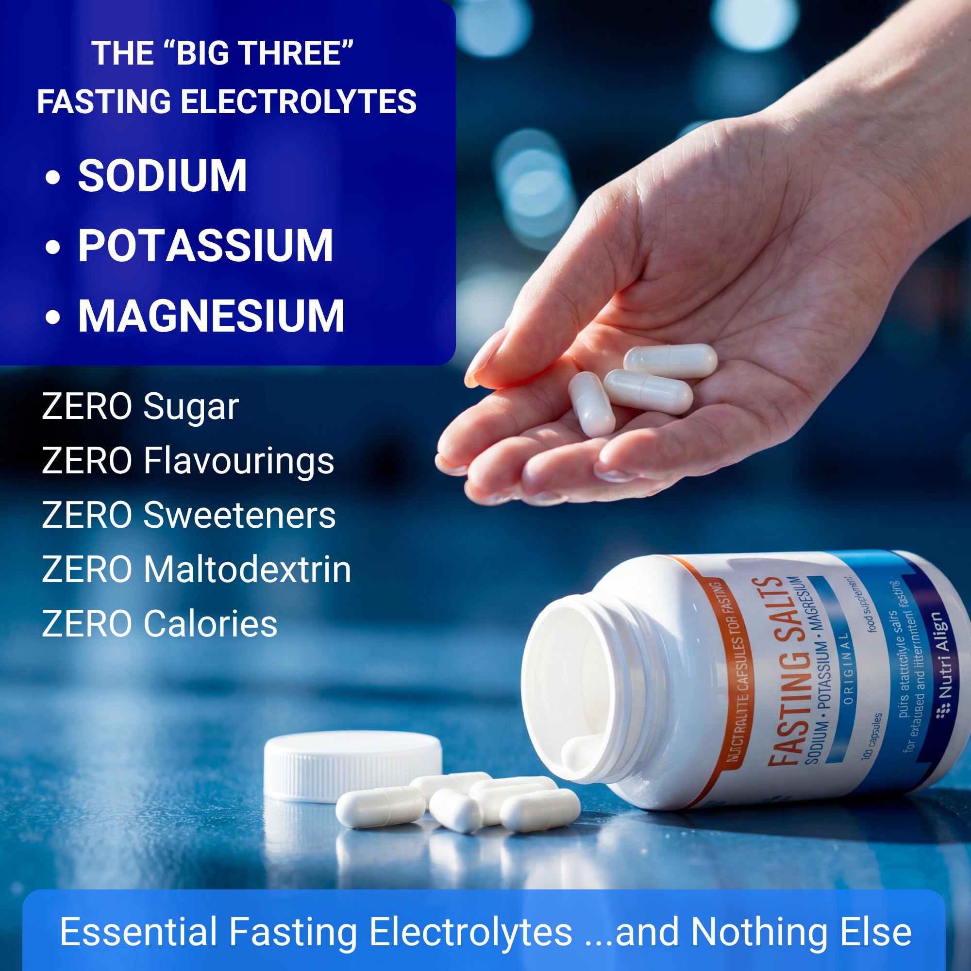 Nutri-Align Fasting Salts Electrolyte Capsules with dosage instructions