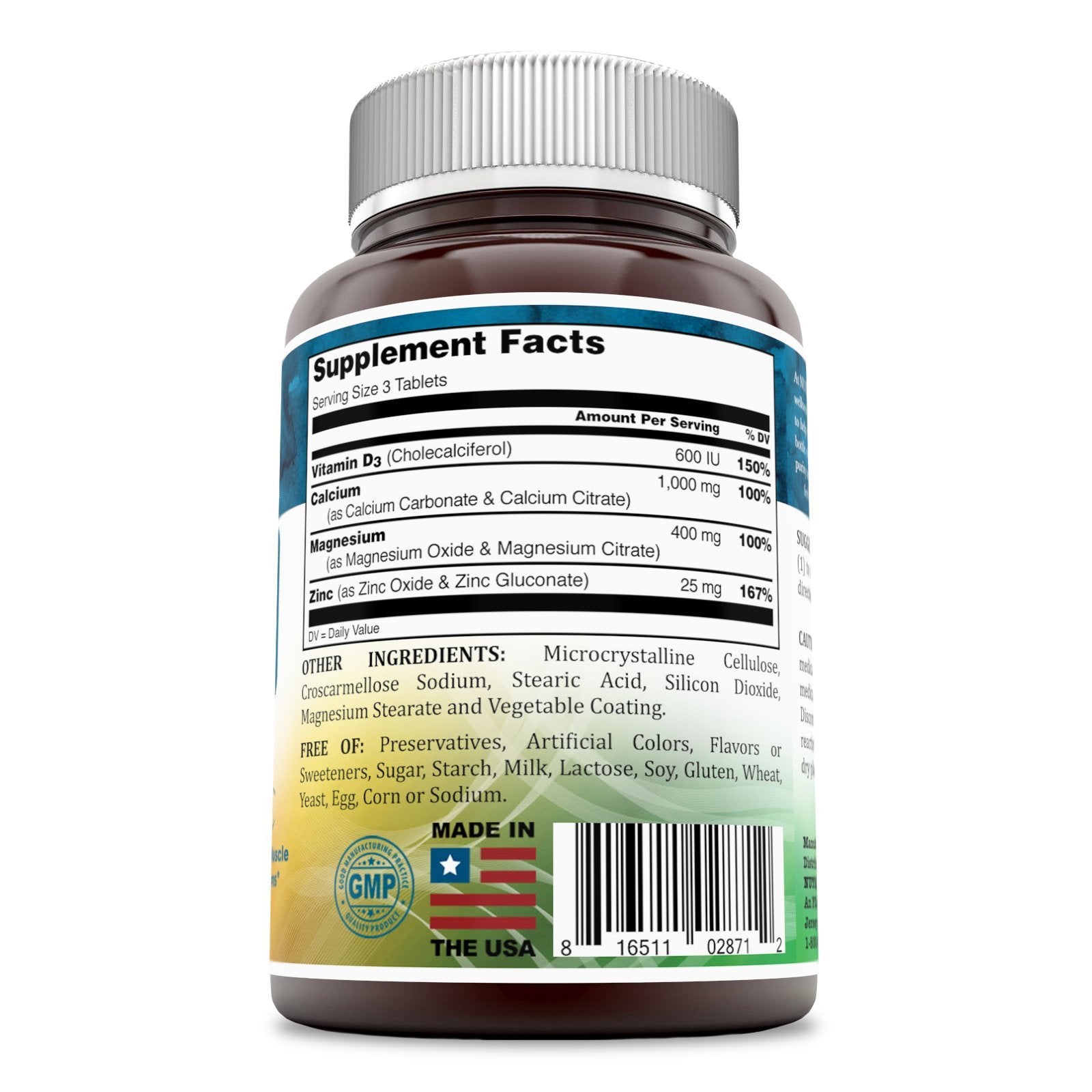 Nutri Essentials Calcium Magnesium Zinc + Vitamin D3 Supplement side view