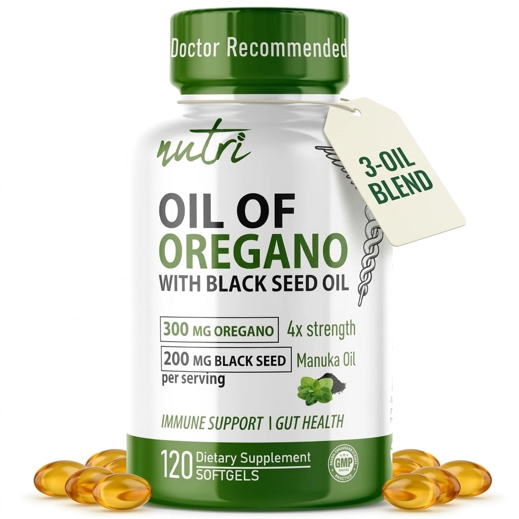 Nutri Oregano Oil Softgels front view with packaging