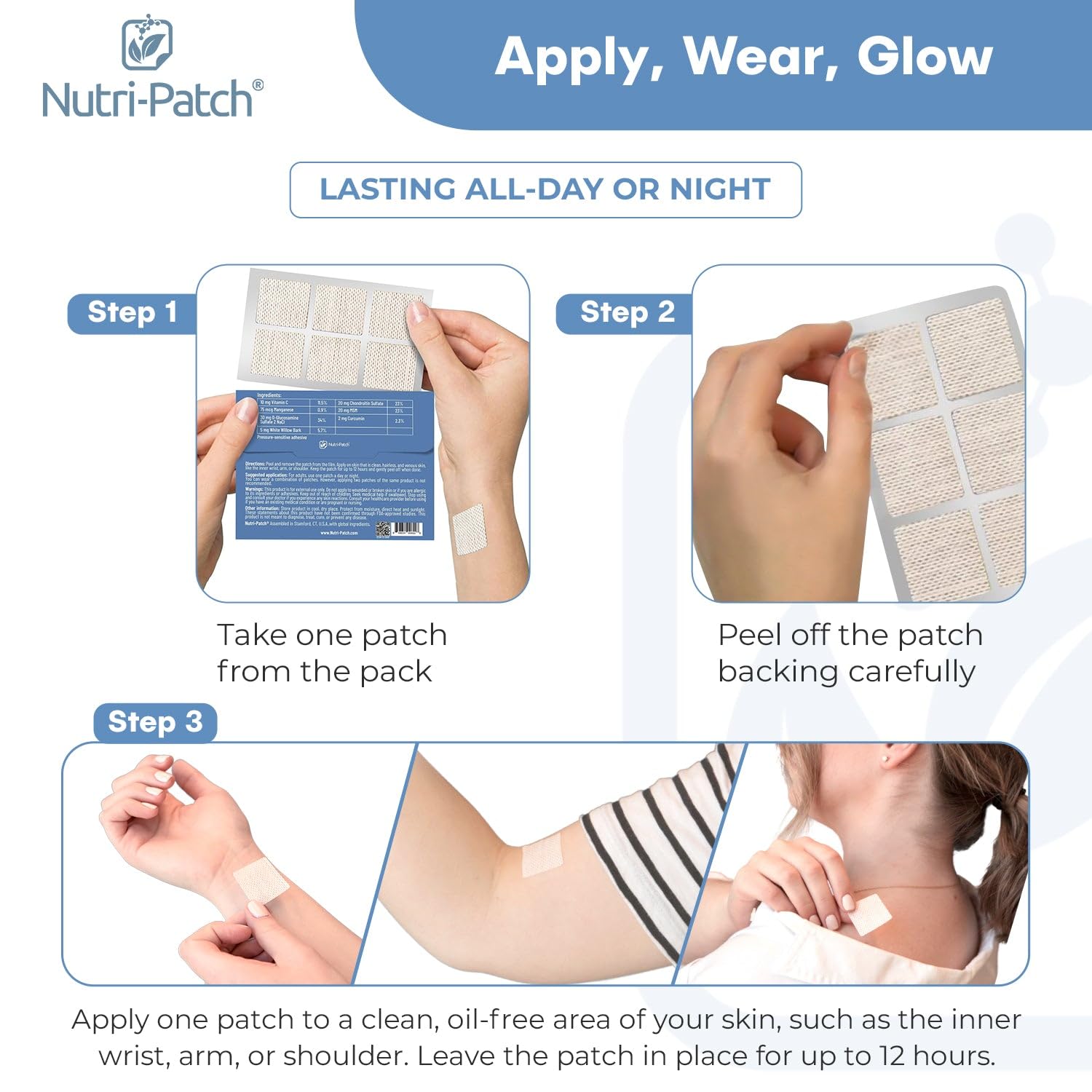 NUTRI-PATCH Chondroitin Skin Patches back view with ingredient list