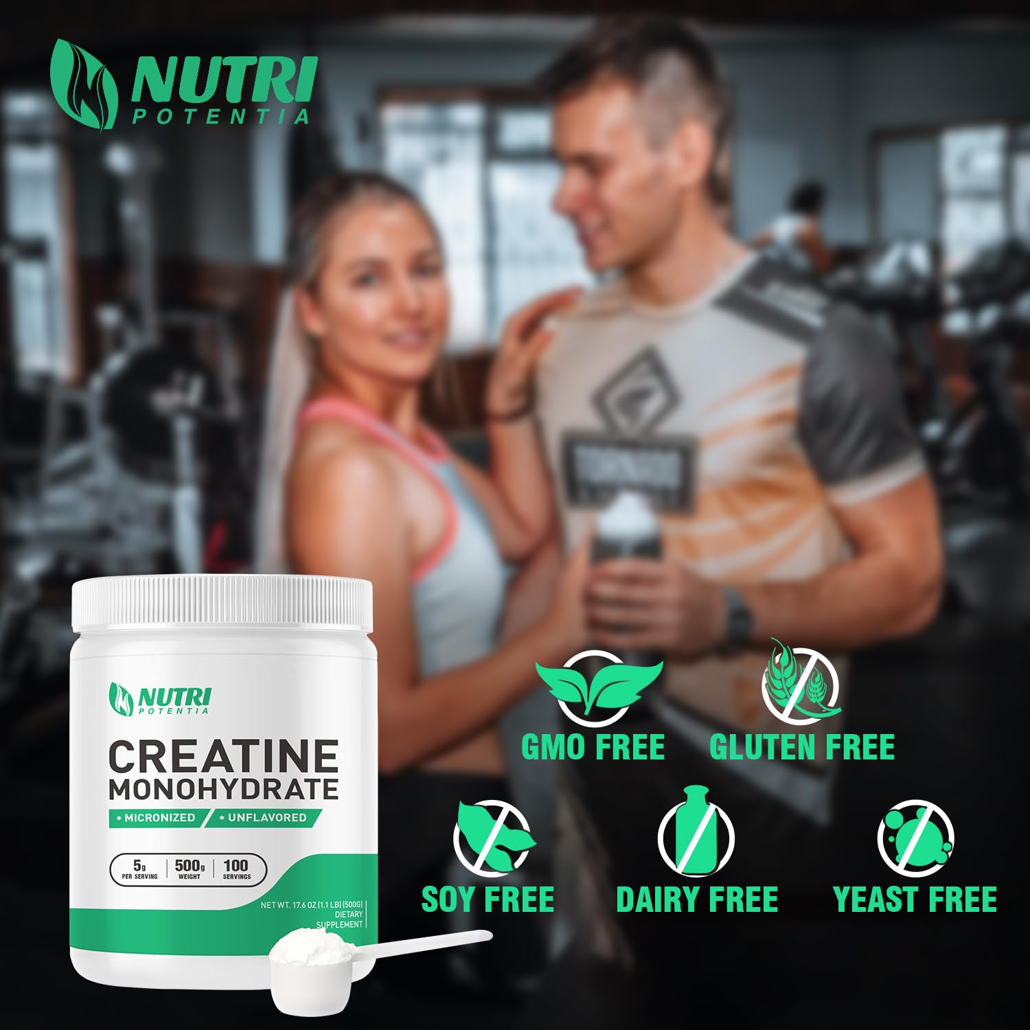 NUTRI POTENTIA Creatine Monohydrate Powder back view showing nutritional information