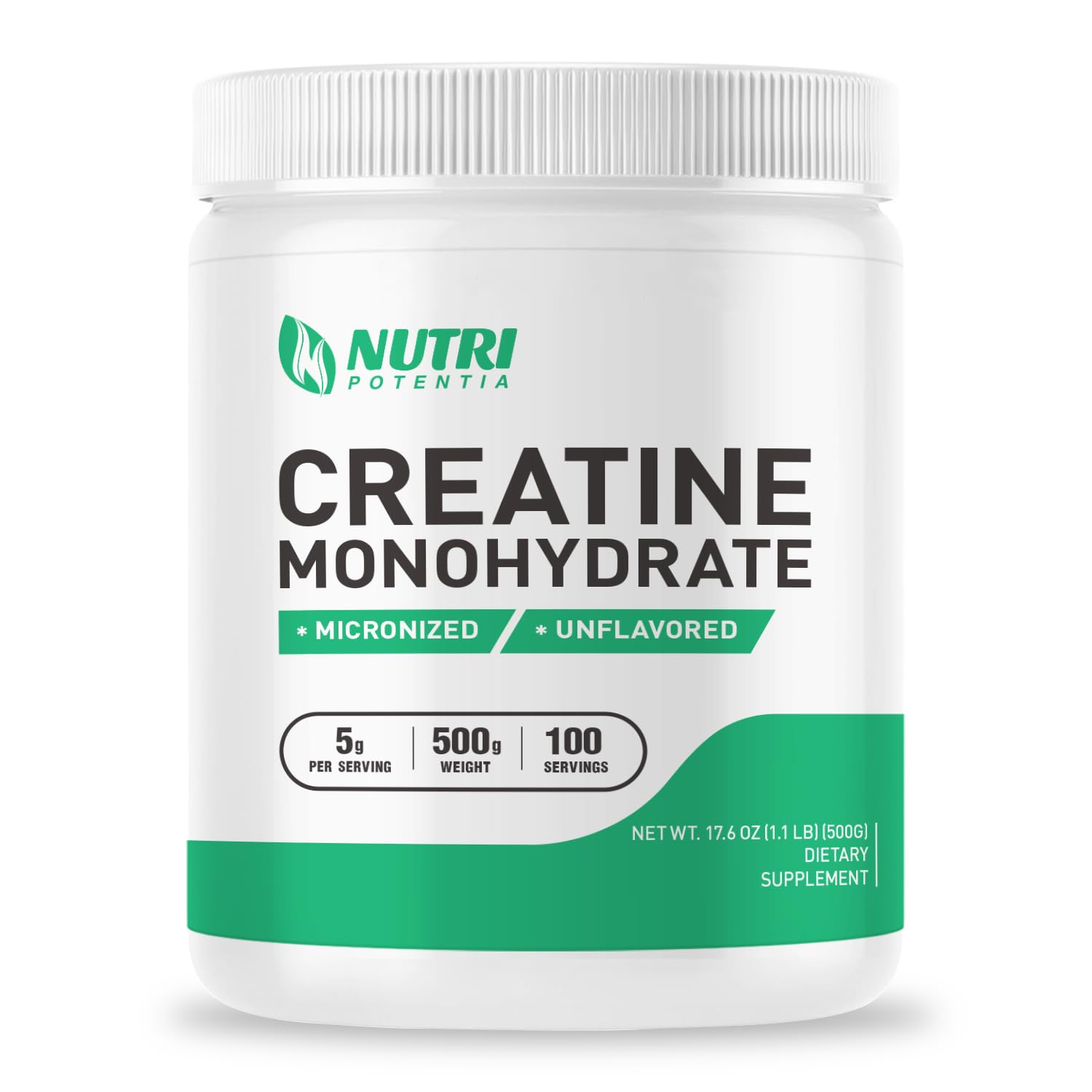 NUTRI POTENTIA Creatine Monohydrate Powder front view with packaging