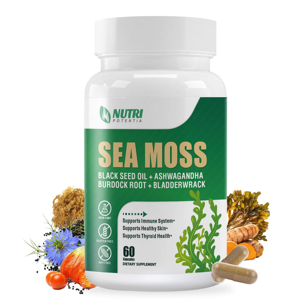 NUTRI POTENTIA Sea Moss Capsules front view with packaging