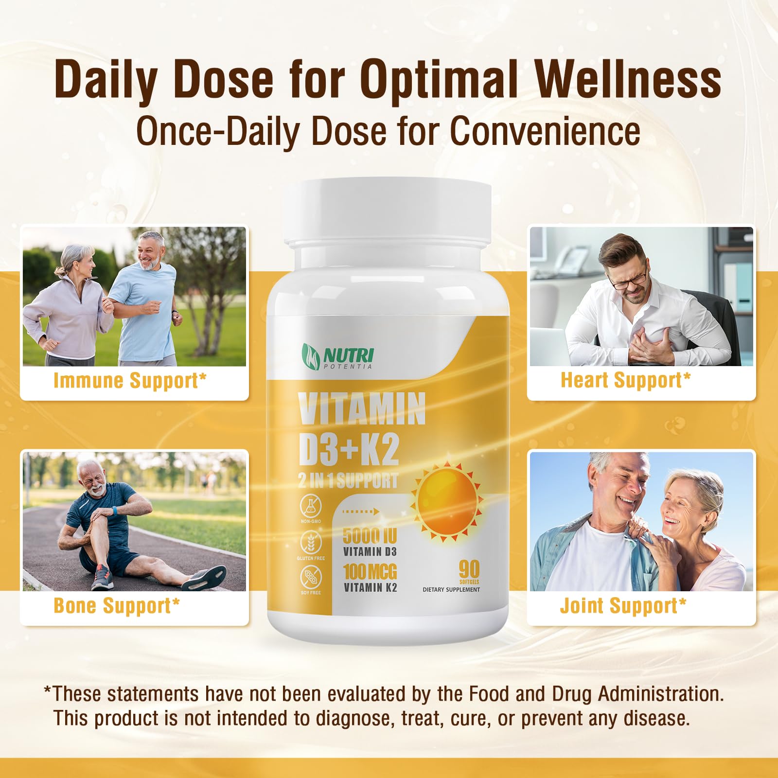 NUTRI POTENTIA Vitamin D3 & K2 soft capsules on a wooden table