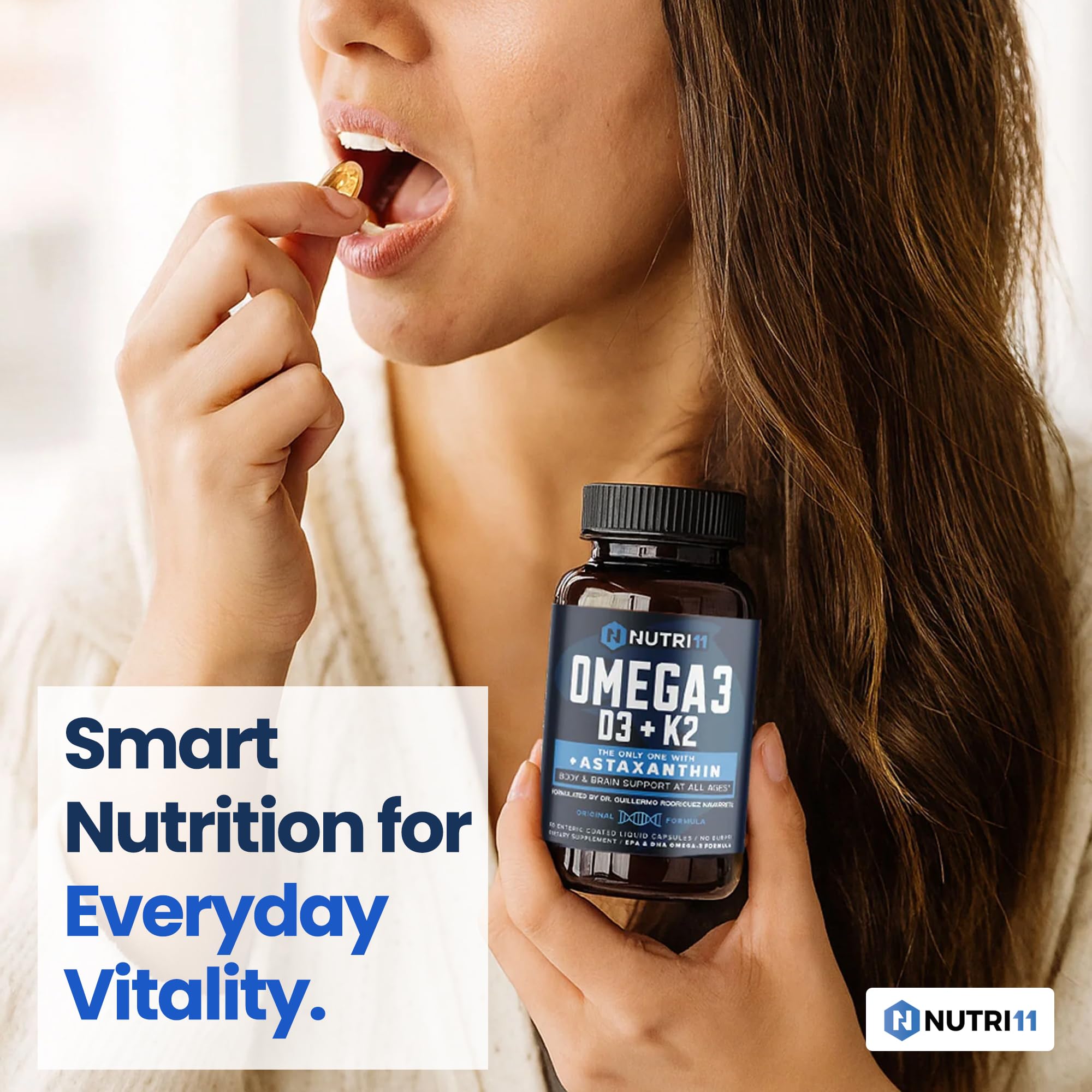 Nutri11 Omega-3 + D3 + K2 + Astaxanthin displayed with fresh fish