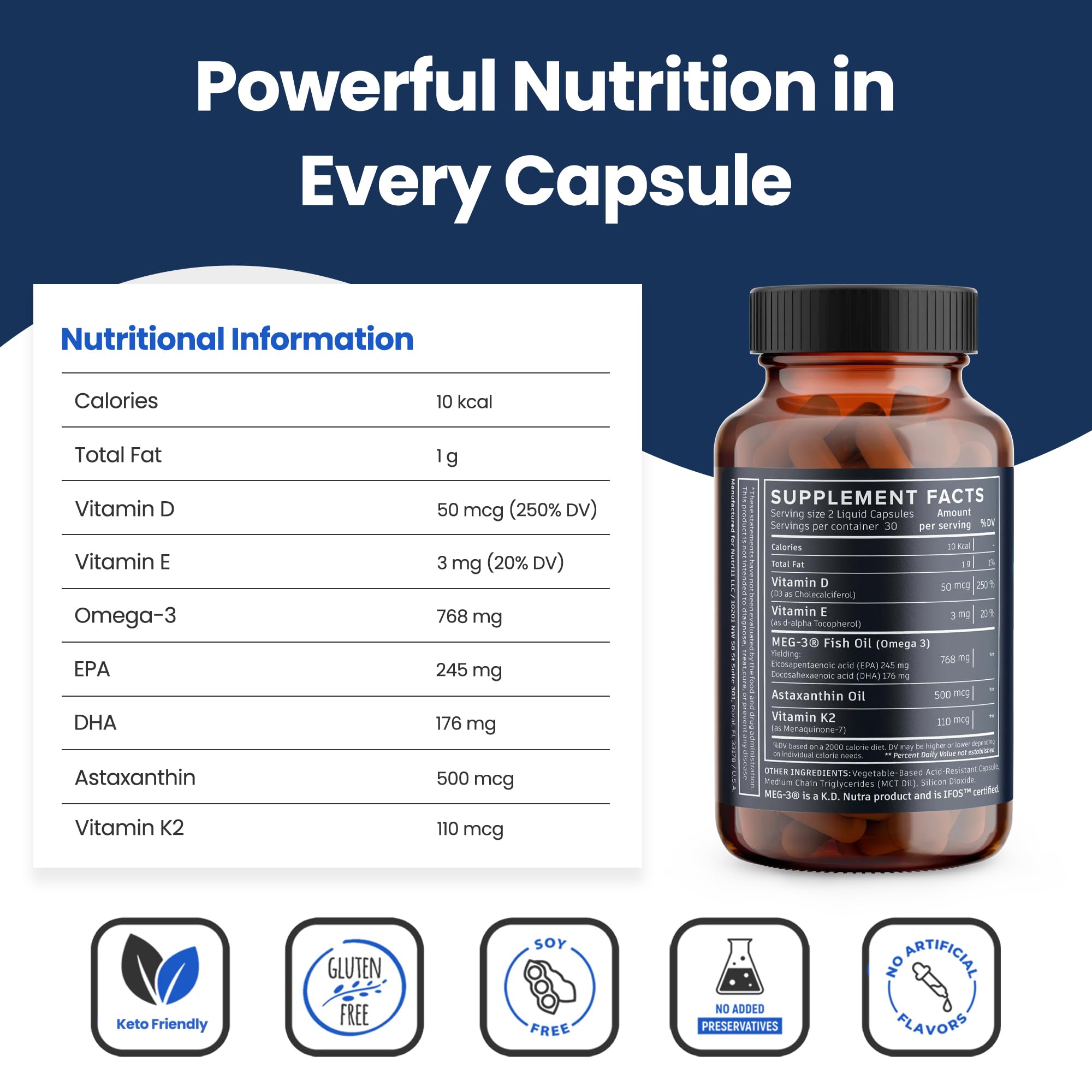 Nutri11 Omega-3 + D3 + K2 + Astaxanthin liquid capsules in a clear bottle
