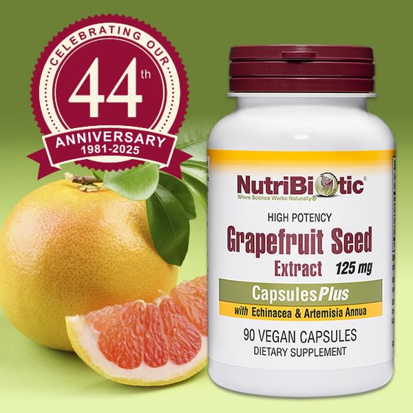 NutriBiotic Grapefruit Seed Extract 125mg capsules with fresh grapefruit