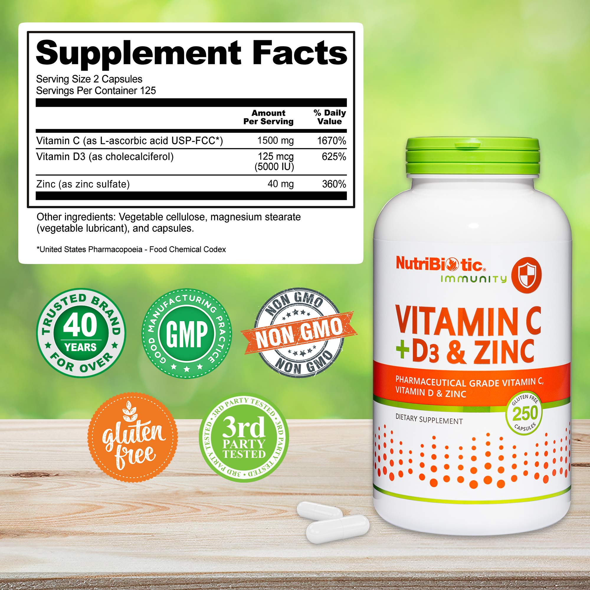 NutriBiotic Vitamin C + D3 & Zinc Capsules 1000mg bottle with label