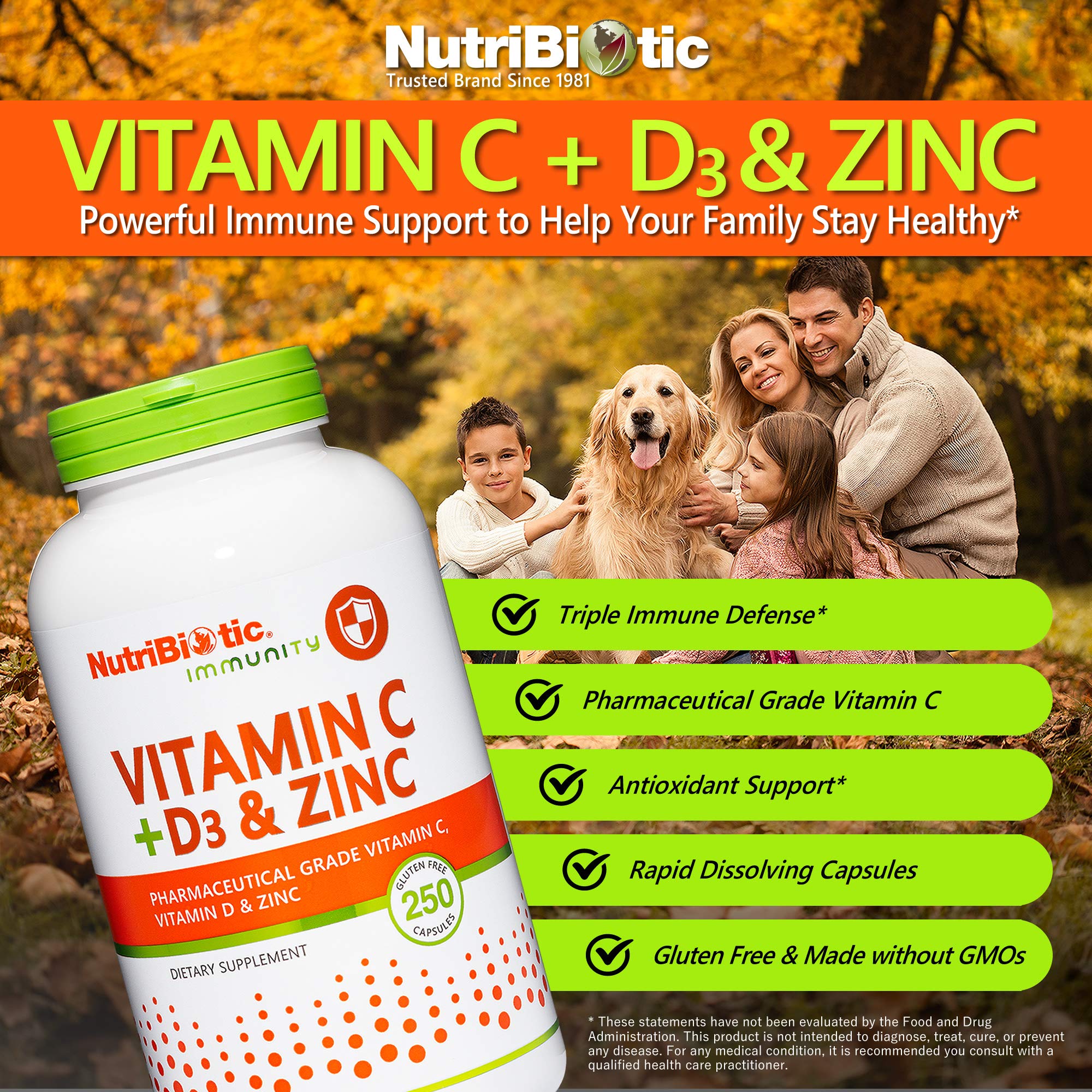 NutriBiotic Vitamin C + D3 & Zinc Capsules 1000mg side view
