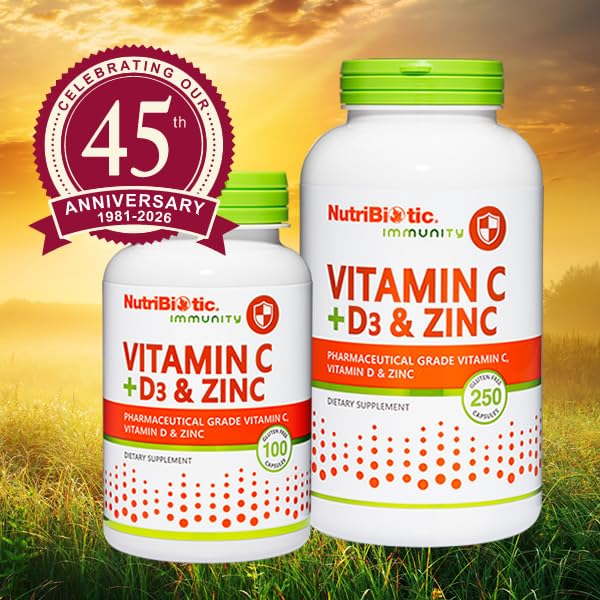 NutriBiotic Vitamin C + D3 & Zinc Capsules 1000mg with measuring spoon