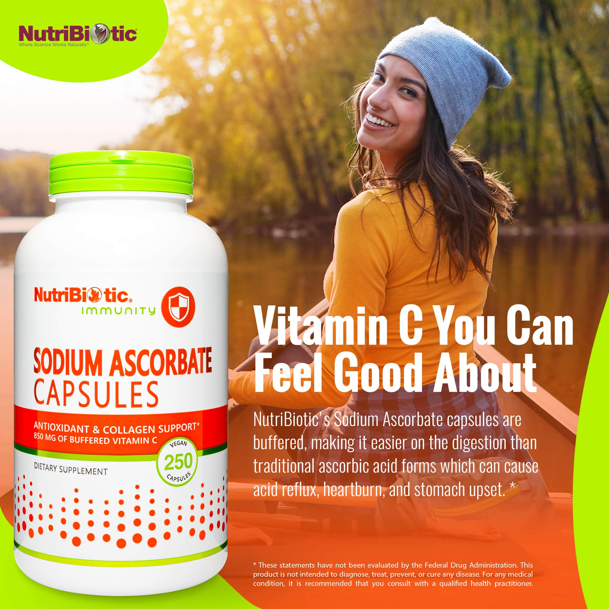 NutriBiotic Vitamin C Sodium Ascorbate Capsules on a wooden table