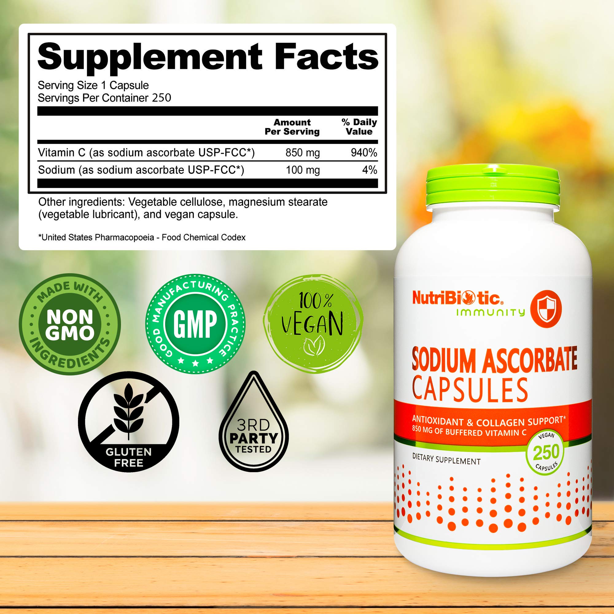 NutriBiotic Vitamin C Sodium Ascorbate Capsules with a measuring spoon