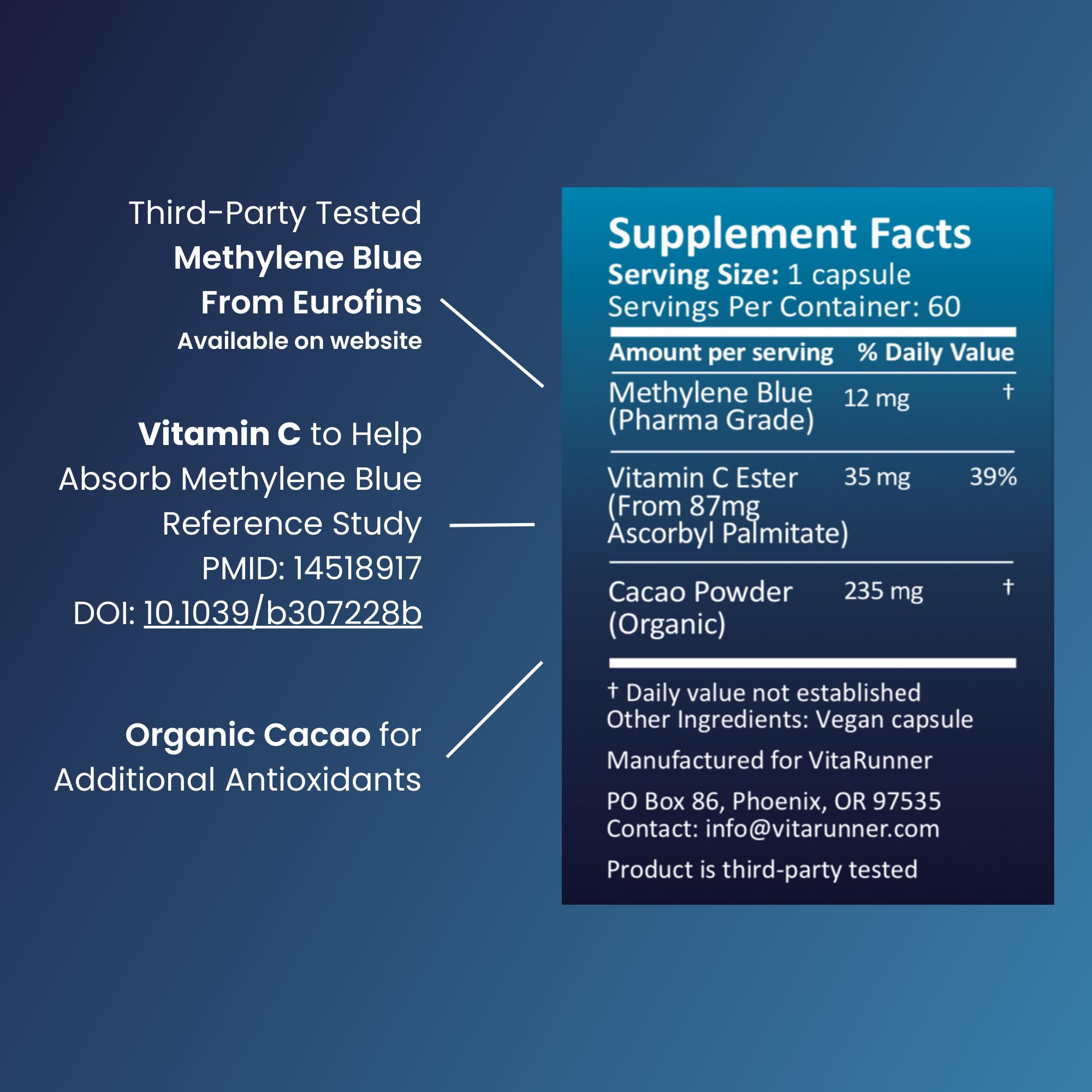 Nutricel Supplements Methylene Blue Capsules 12mg with ingredients list