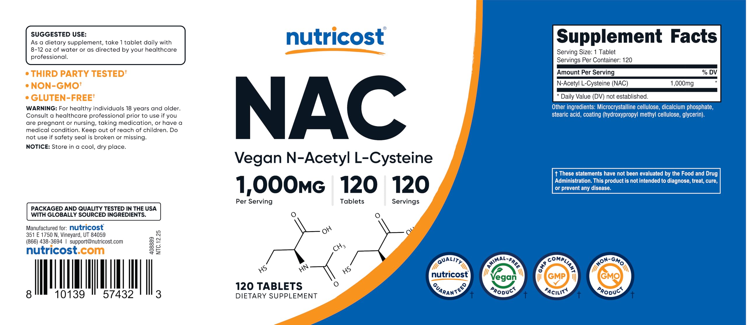 Nutricost Acetyl-L-Carnitine 1000mg ingredients list on packaging