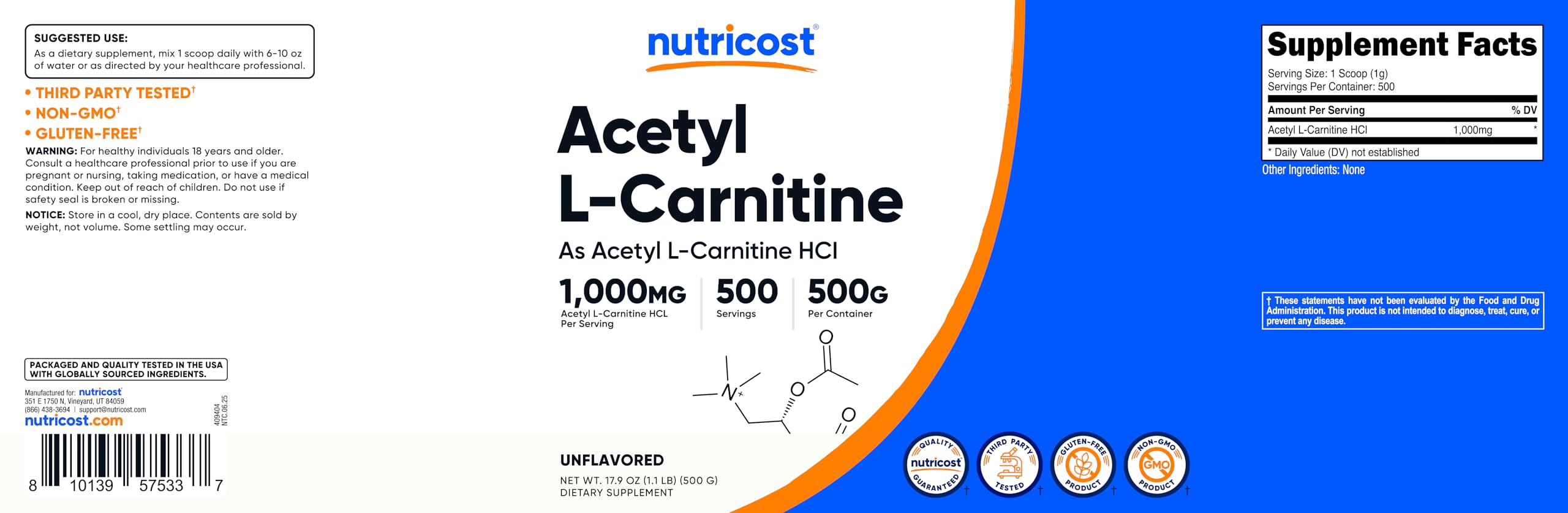 Nutricost Acetyl L-Carnitine Powder 500g on a table