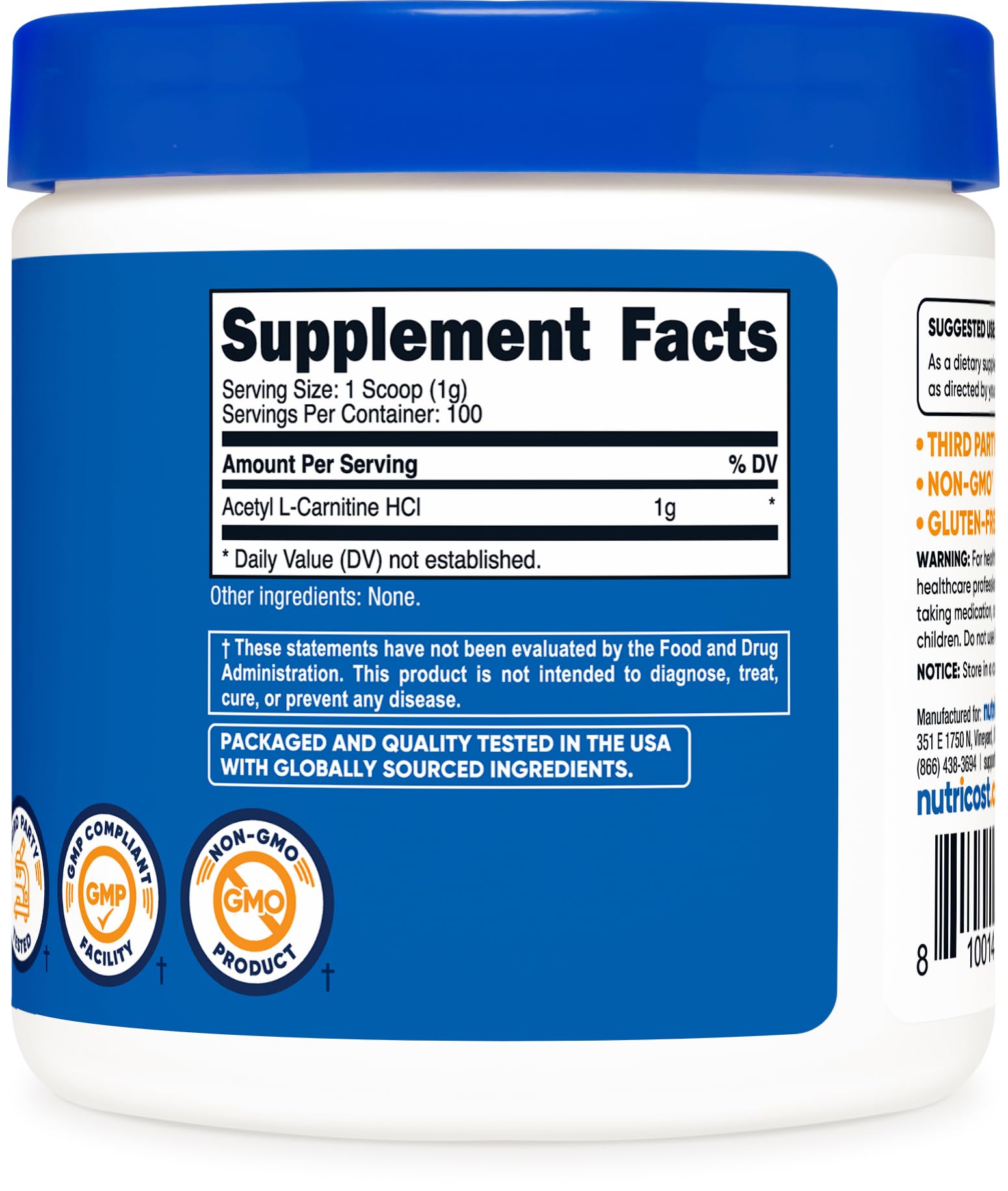 Nutricost Acetyl-L-Carnitine Powder with measuring scoop