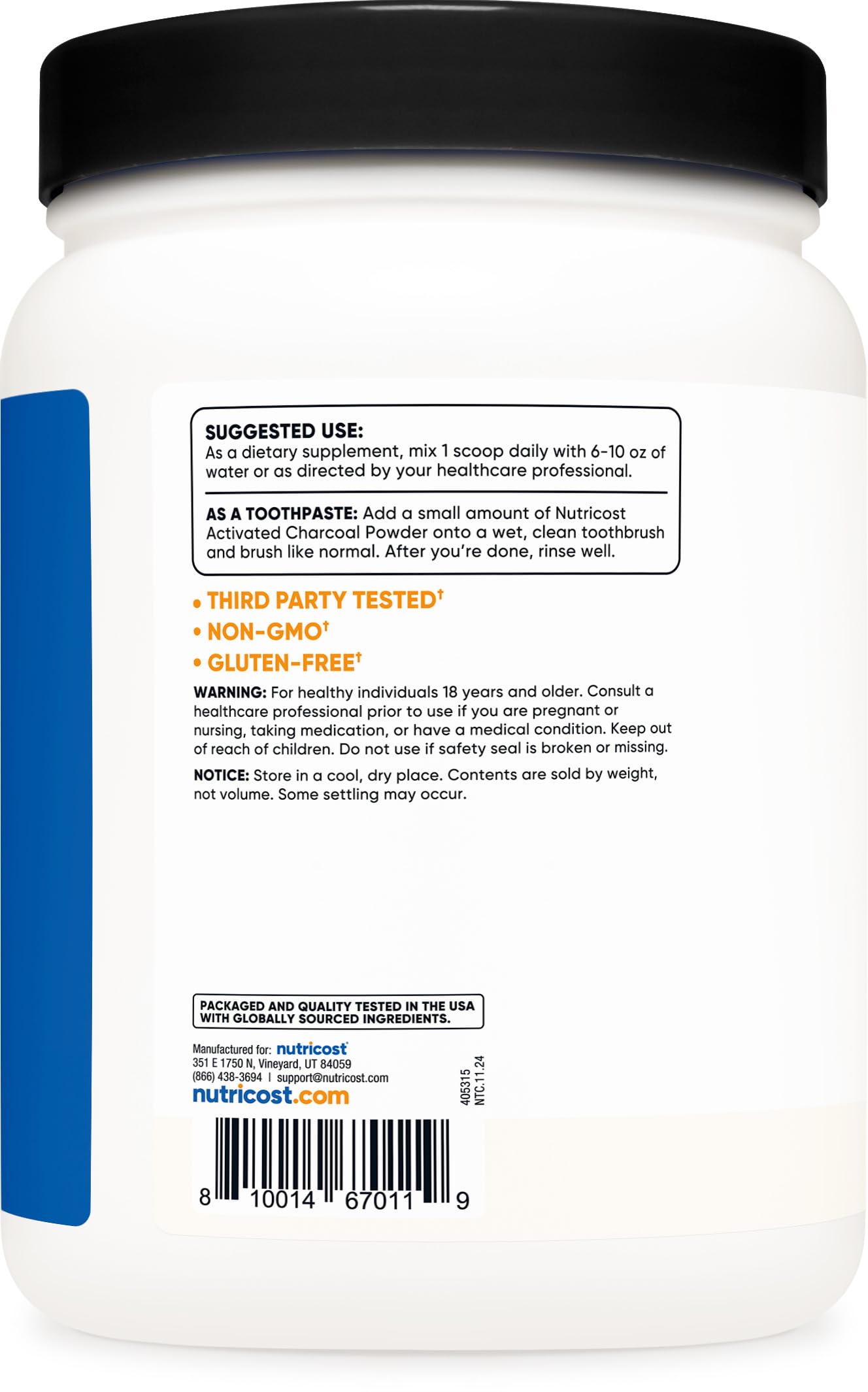 Nutricost Activated Charcoal Powder side view