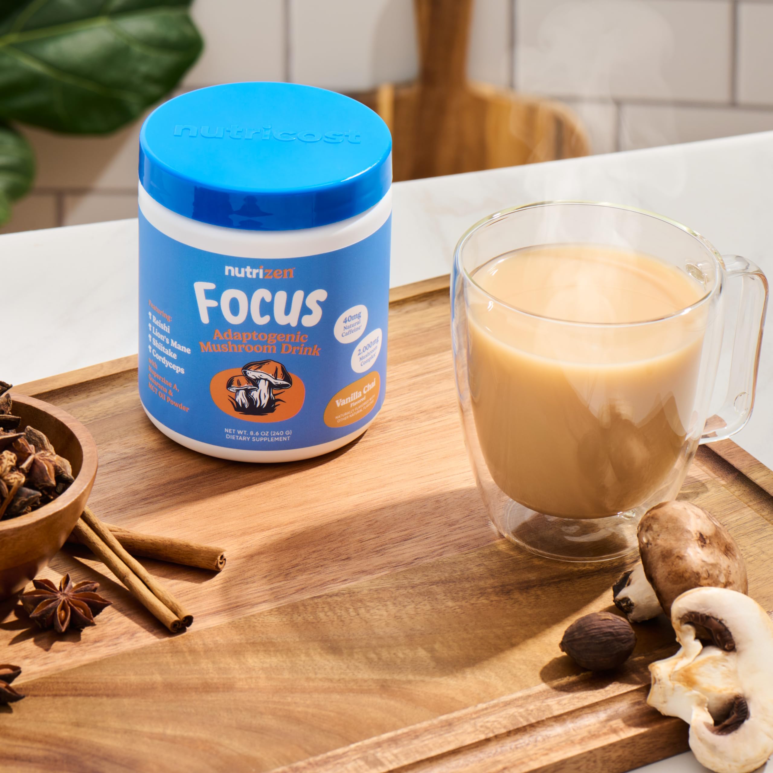 Nutricost Adaptogenic Mushroom Drink Vanilla Chai powder scoop