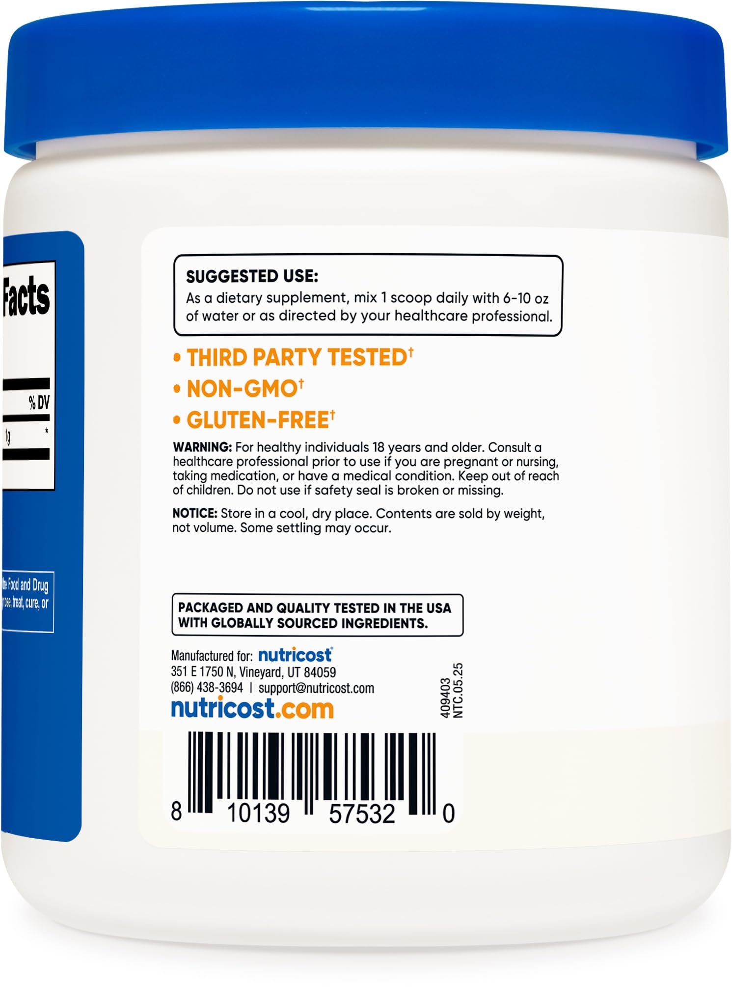 Nutricost Agmatine Sulfate 250g powder side view