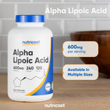 Nutricost Alpha Lipoic Acid 600mg bottle with measuring scoop