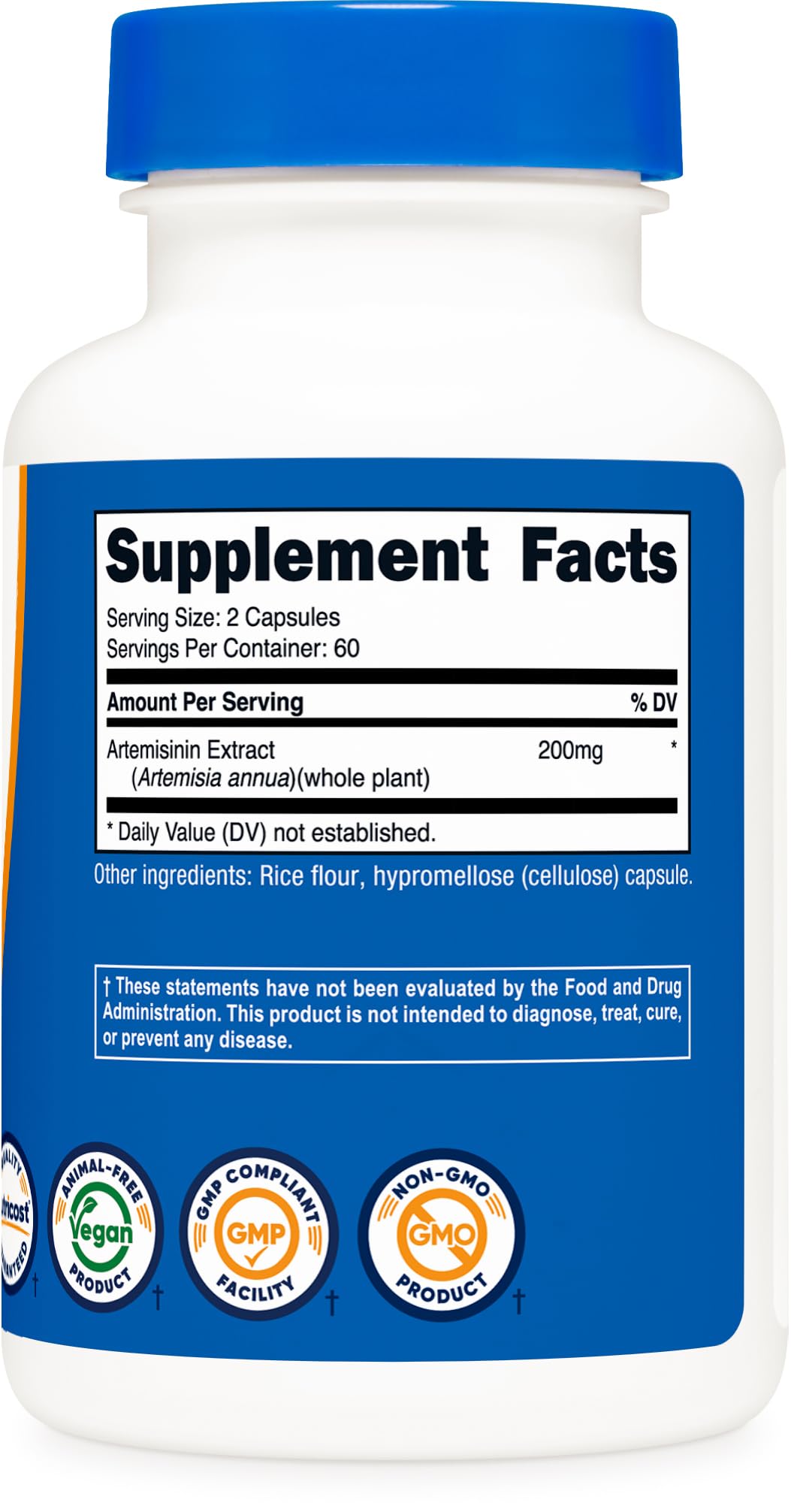 Nutricost Artemisinin Capsules 200mg nutrition facts label close-up
