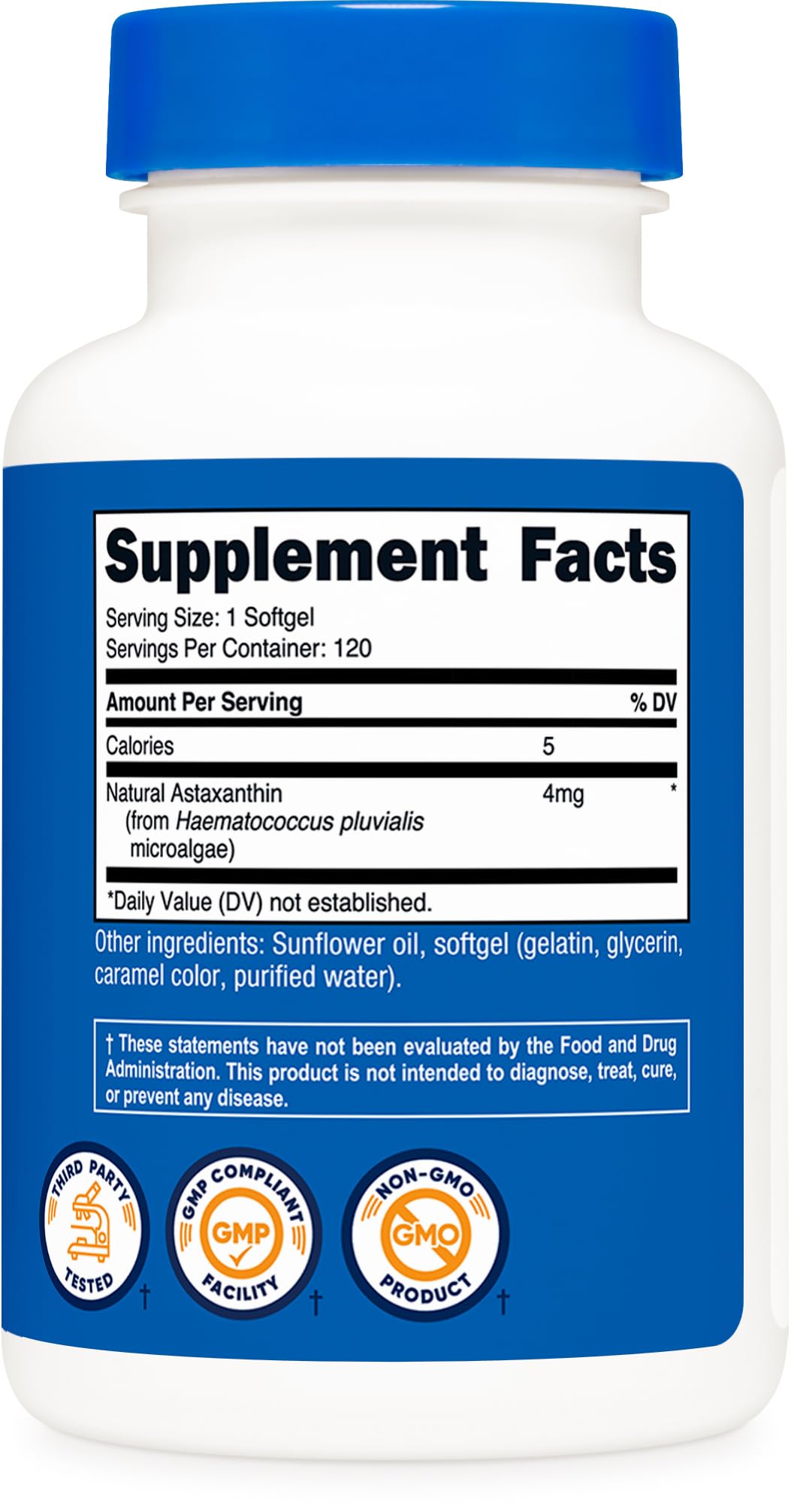 Nutricost Astaxanthin 4mg bottle with softgels on a white background