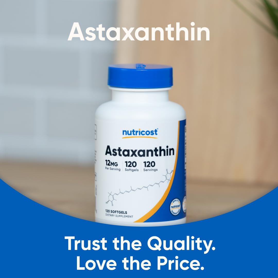 Nutricost Astaxanthin Softgels 12mg bottle on a kitchen counter