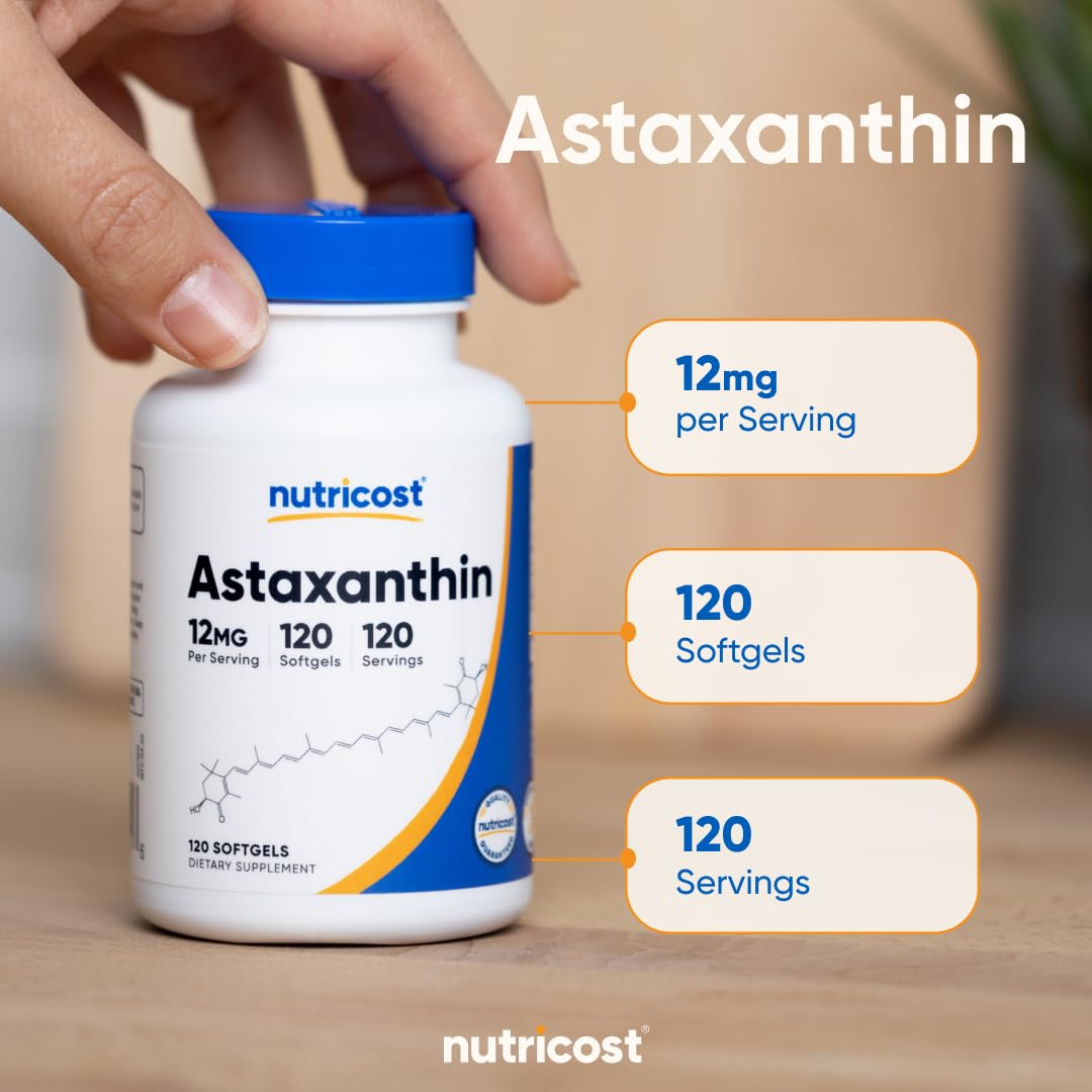 Nutricost Astaxanthin Softgels 12mg with a measuring spoon