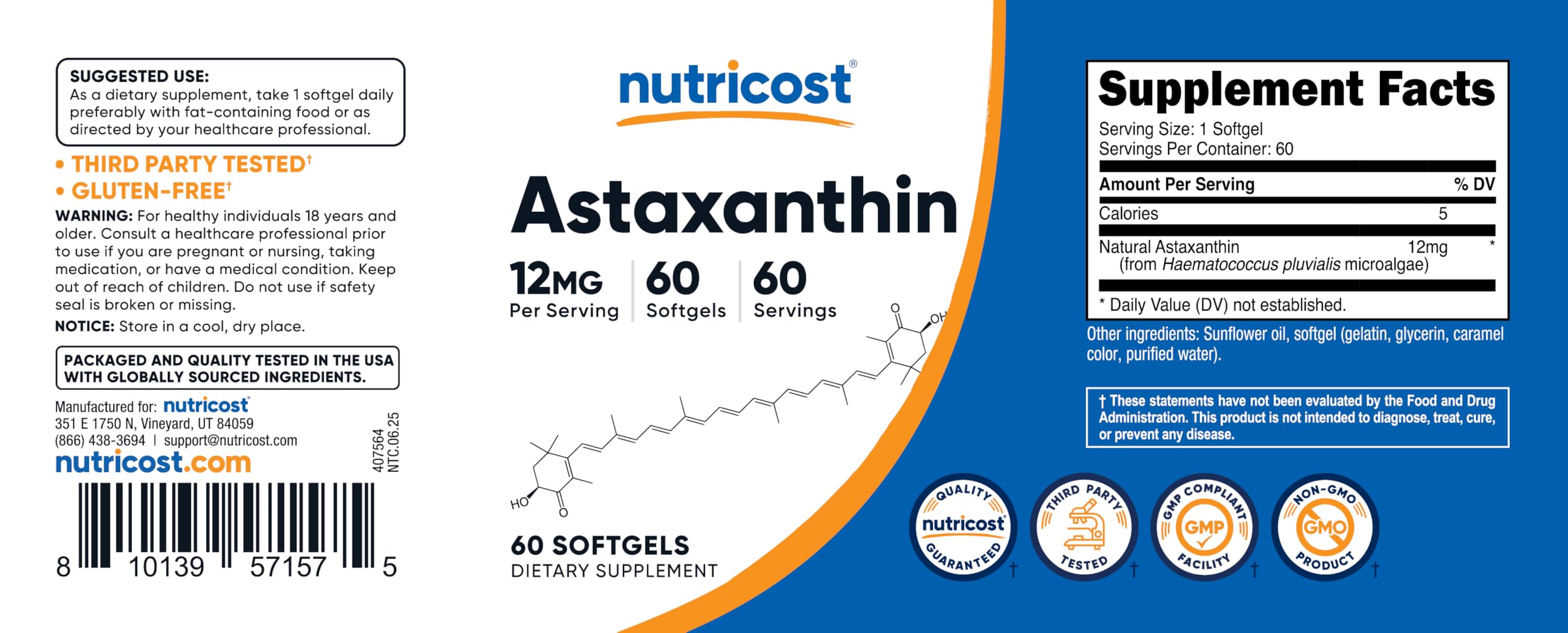 Nutricost Astaxanthin softgels bottle with ingredients listed