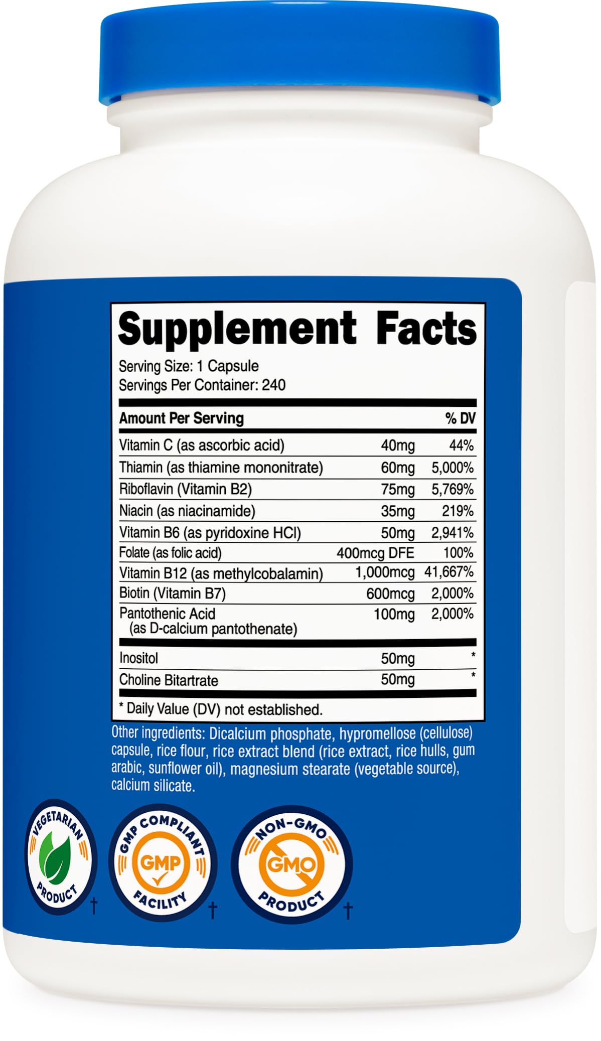 Nutricost B-Complex Vitamins capsules in a glass