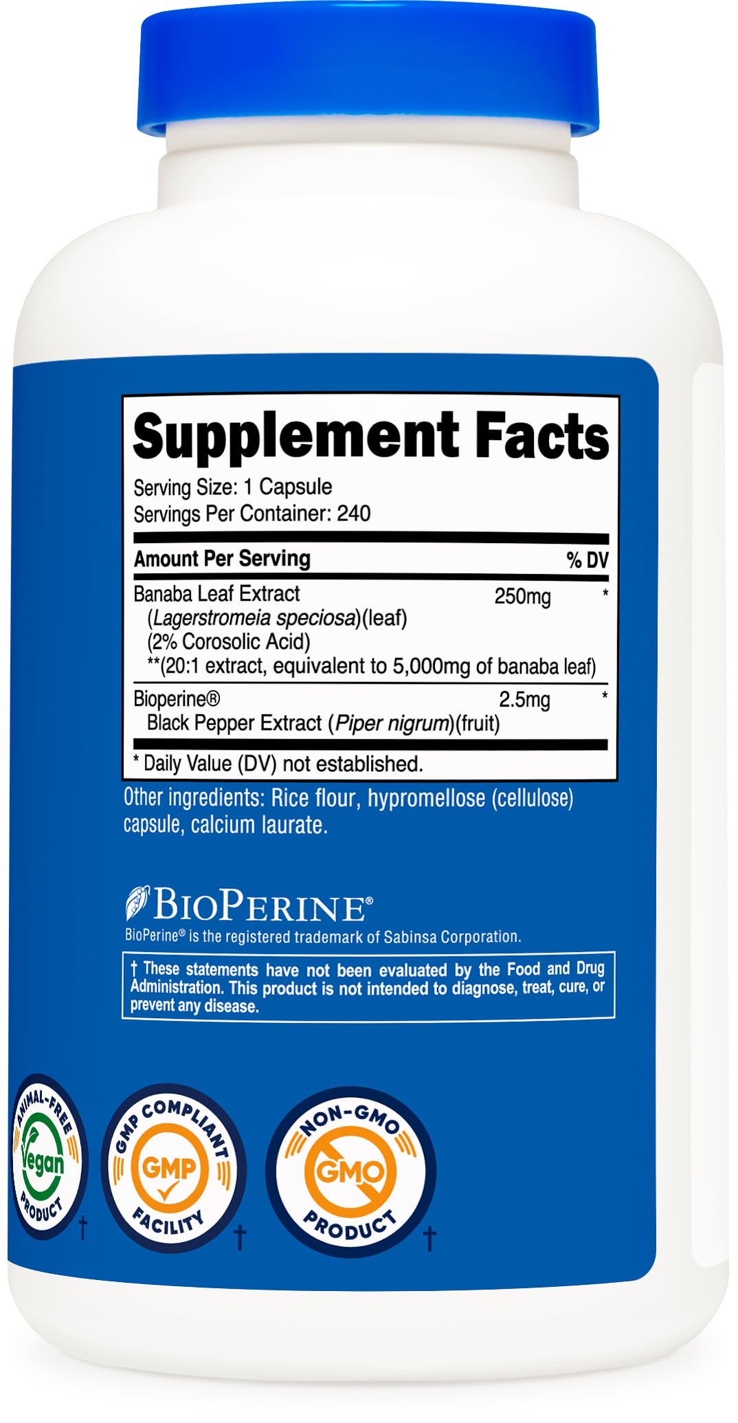 Nutricost Banaba Extract ingredients list on packaging