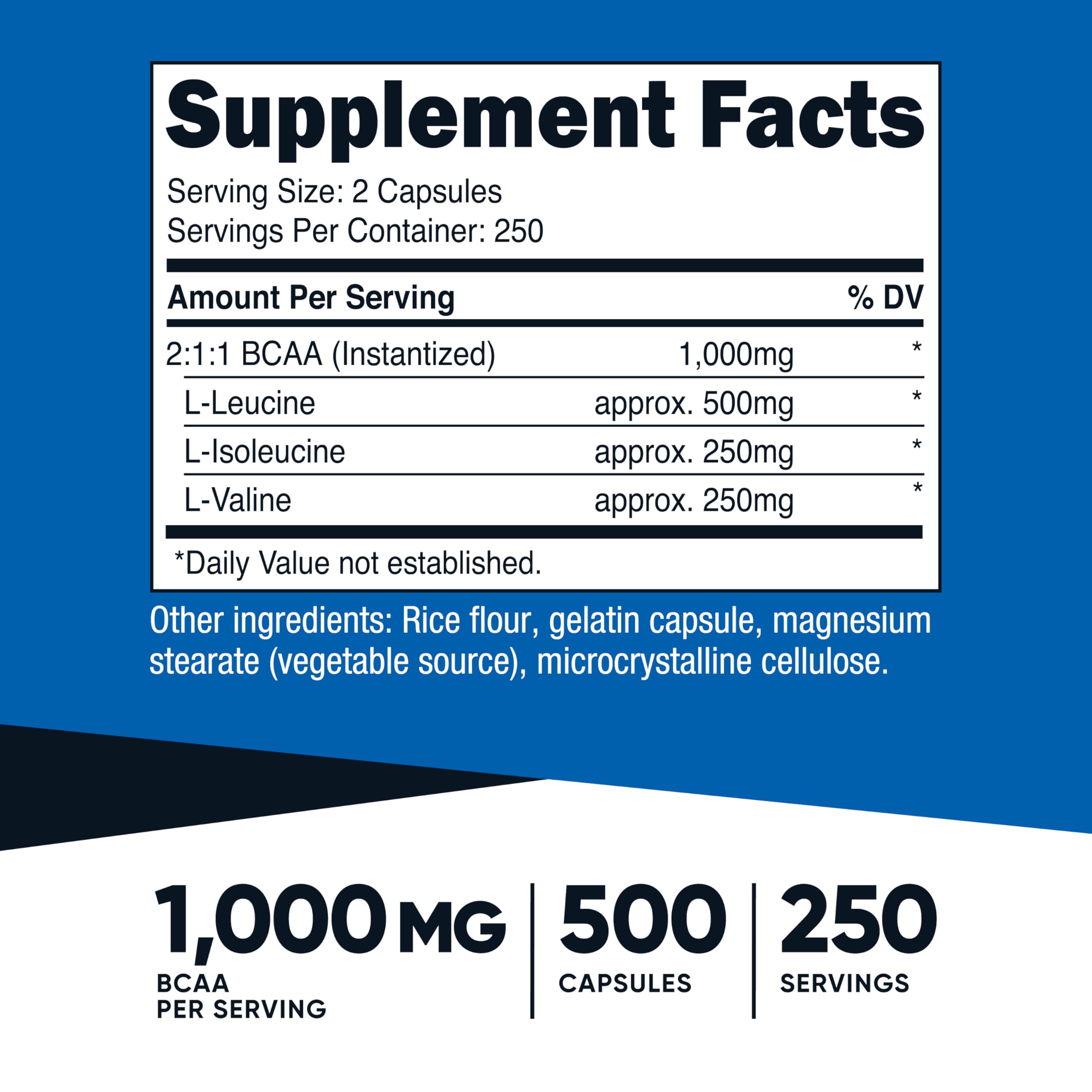 Nutricost BCAA Capsules 500 Count side view
