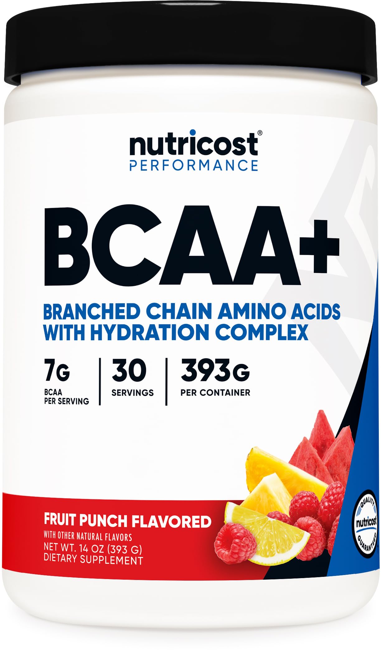 Nutricost BCAA + Hydration bottle front view with 30 servings