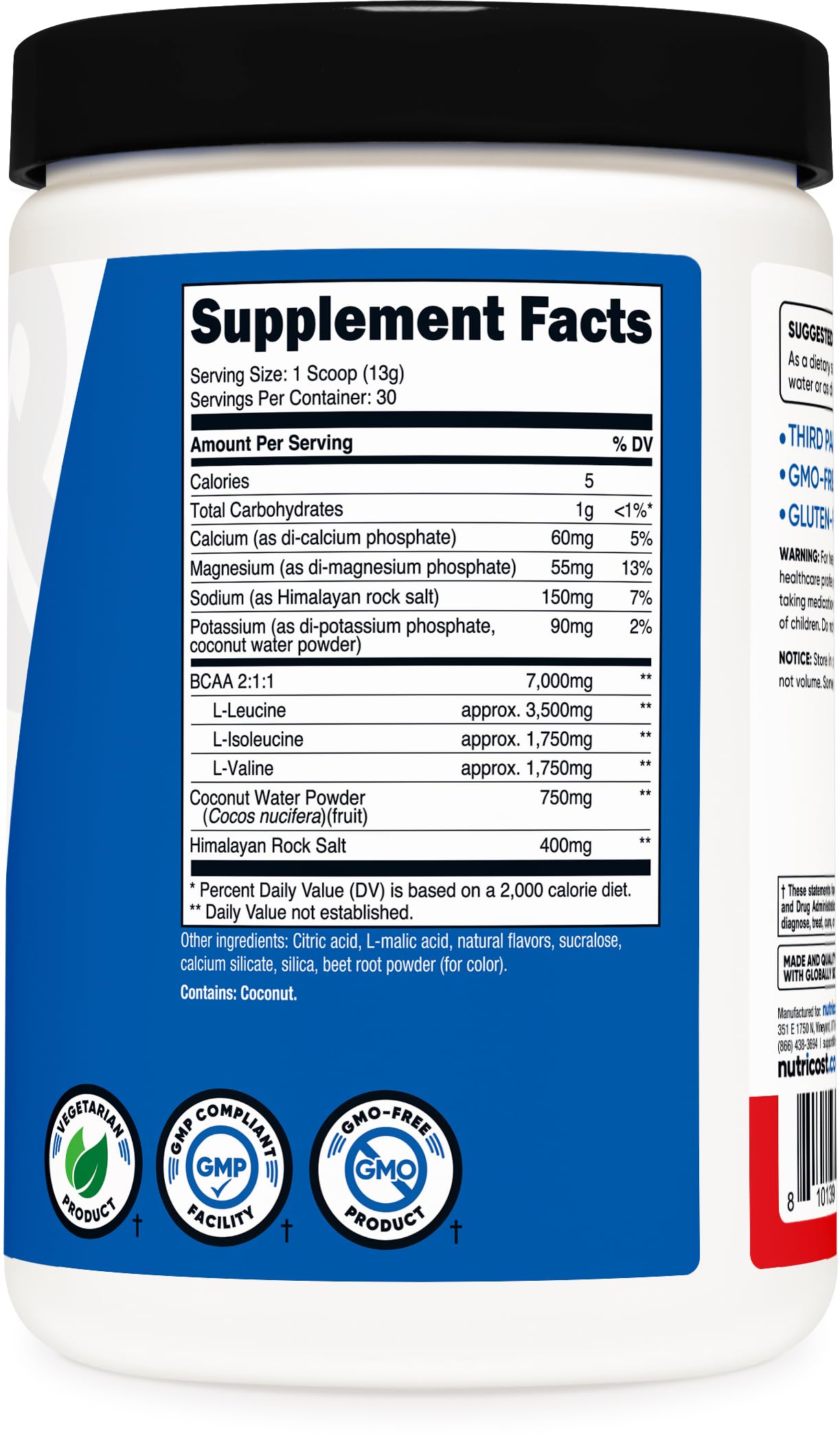 Nutricost BCAA + Hydration ingredients list on the back of the bottle