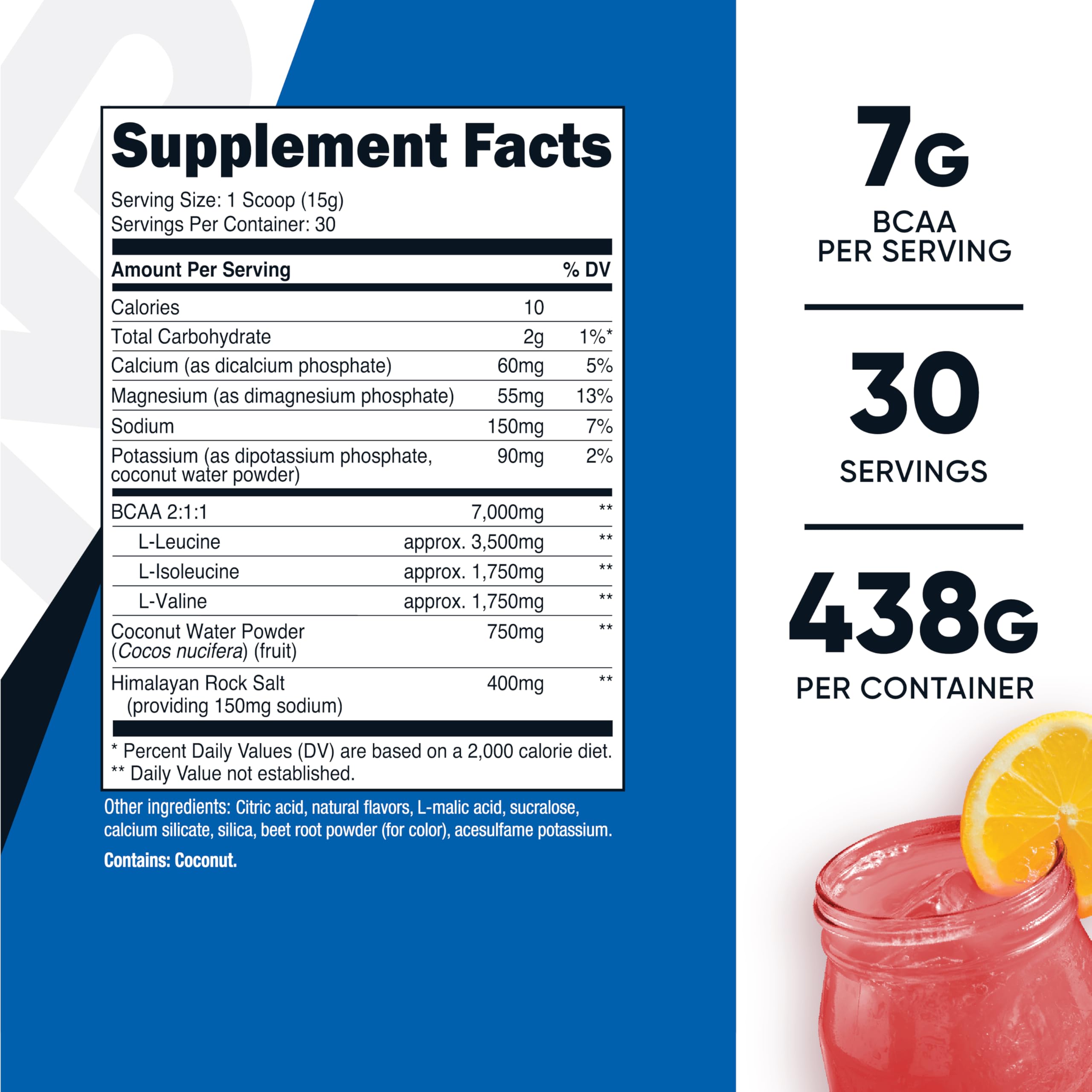 Nutricost BCAA + Hydration side view showing nutritional information