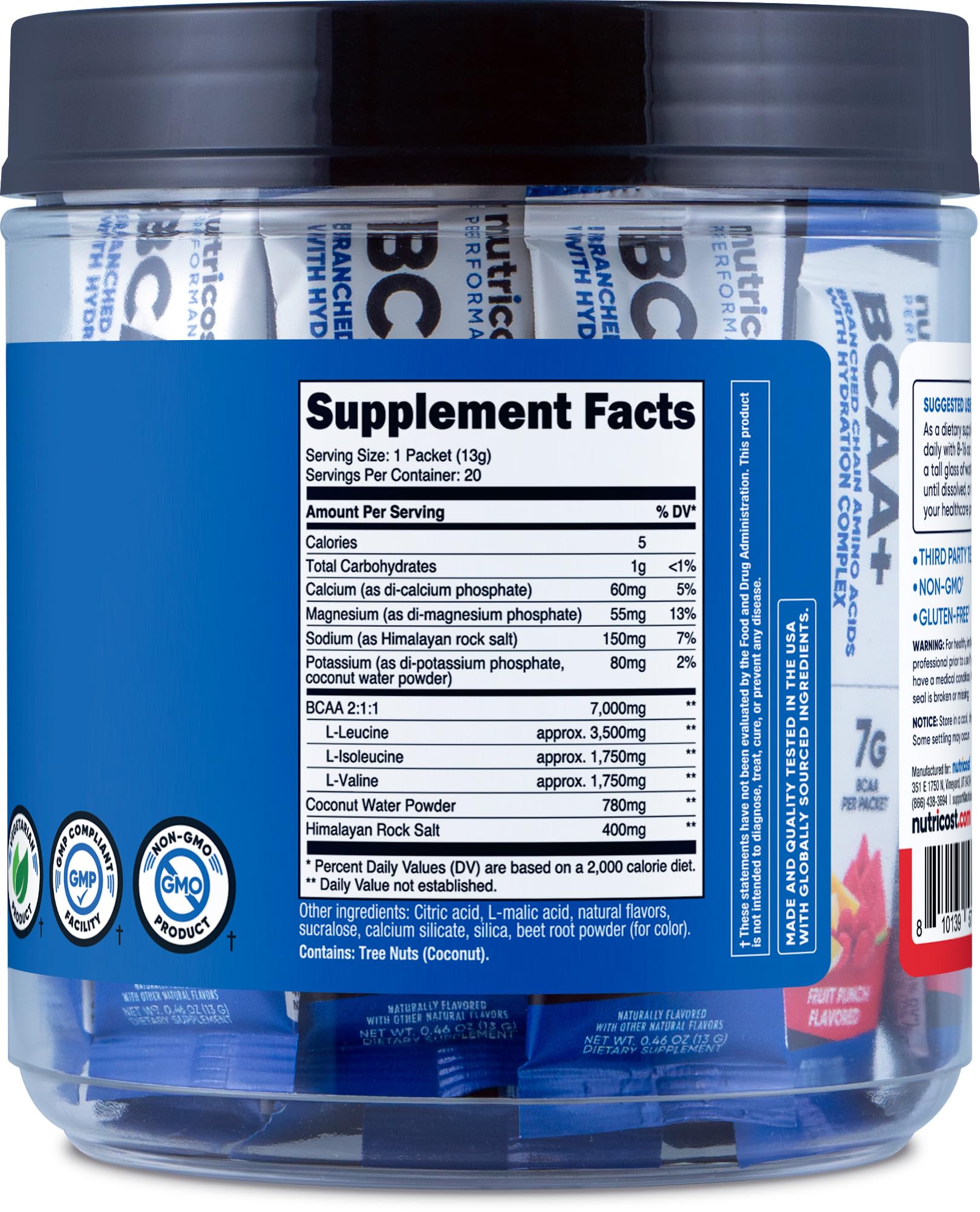 Nutricost BCAA + Hydration Supplement packaging details