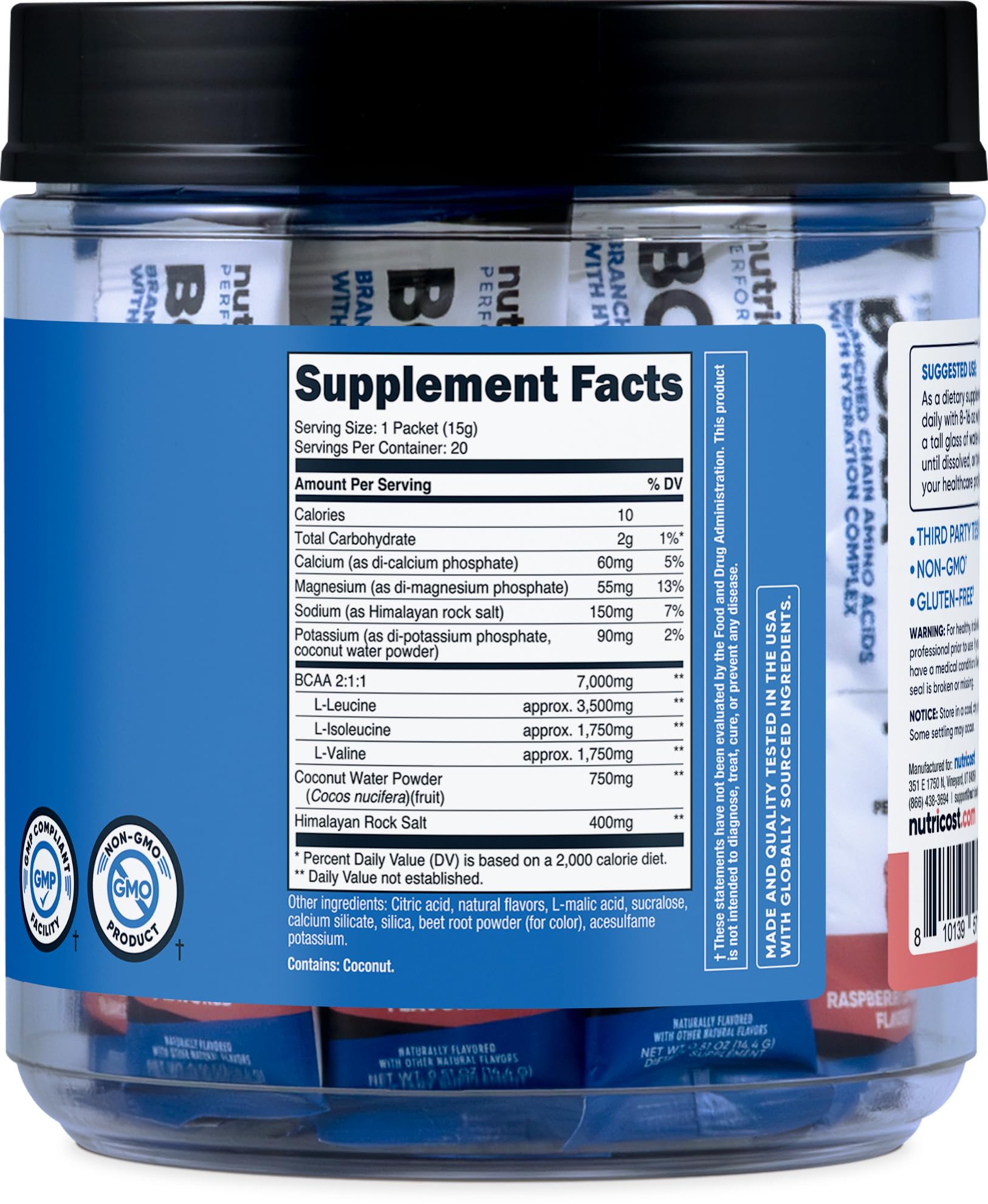 Nutricost BCAA + Hydration Supplement Raspberry Lemonade nutritional information