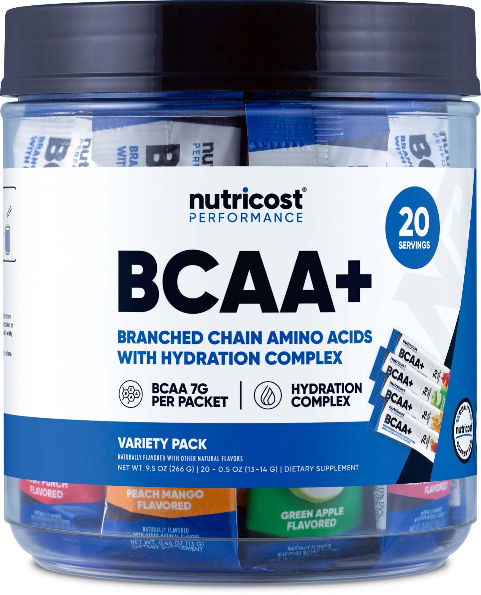Nutricost BCAA + Hydration Supplement variety pack front view