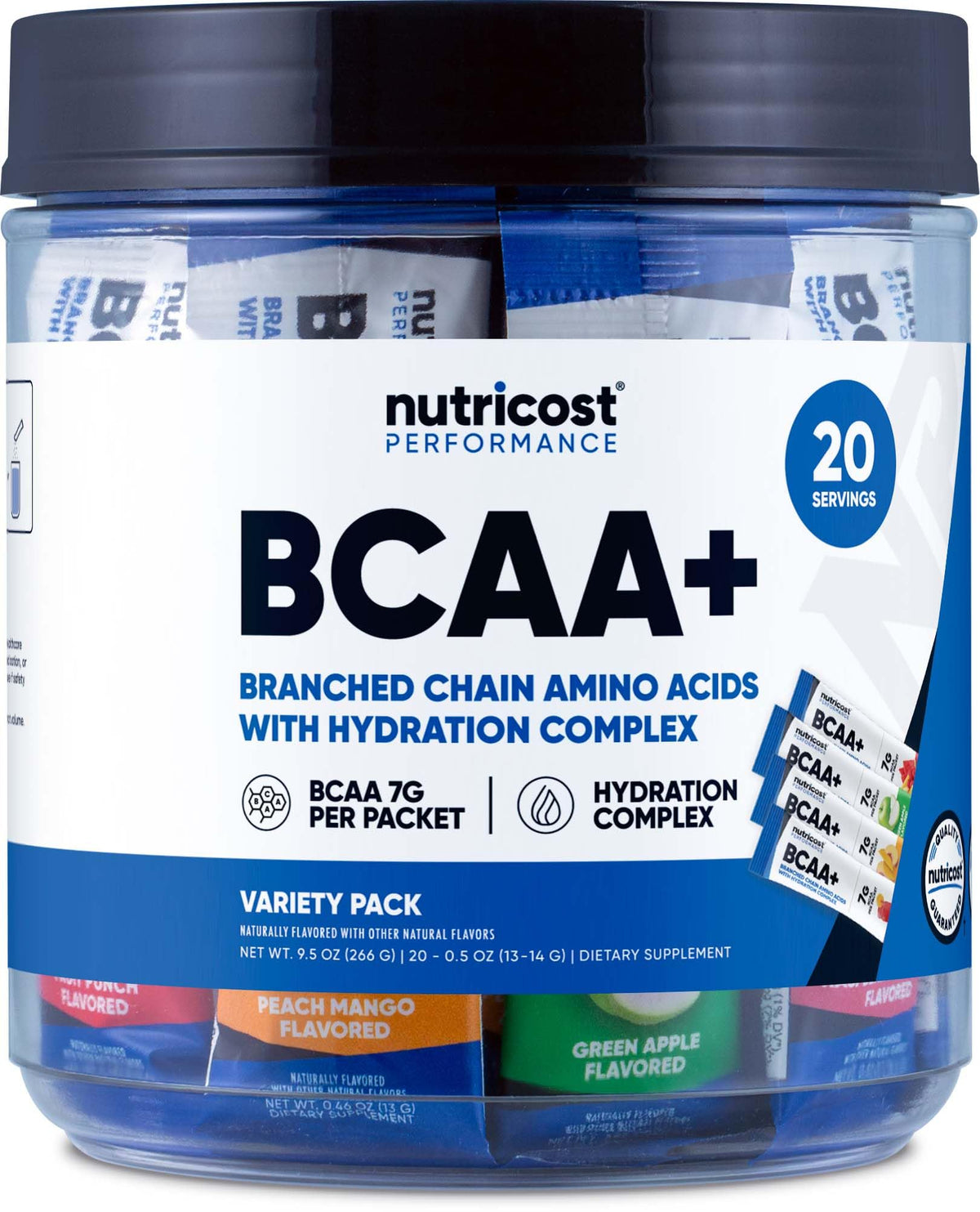 Nutricost BCAA + Hydration Supplement variety pack front view