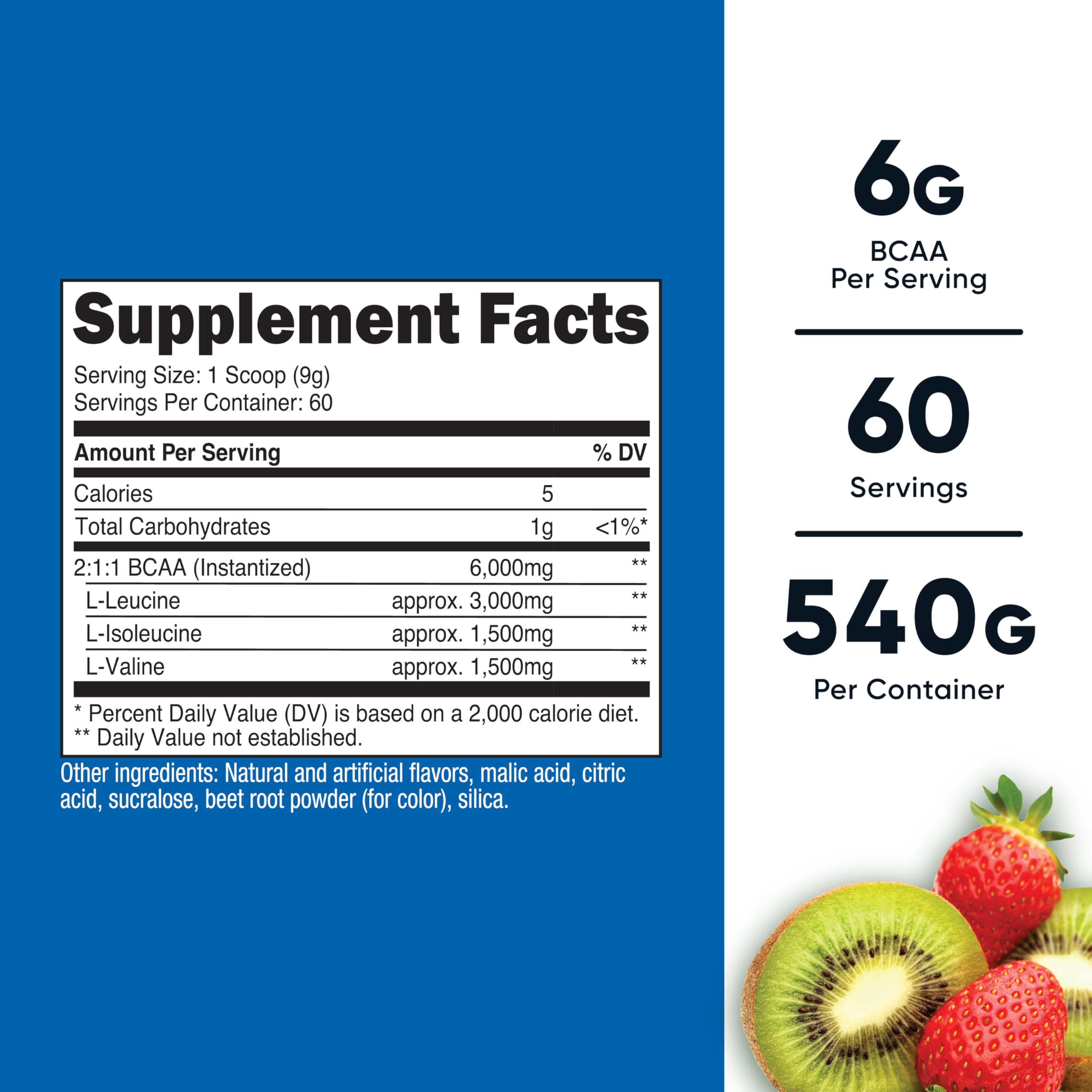Nutricost BCAA Powder 630g side view showing scoop