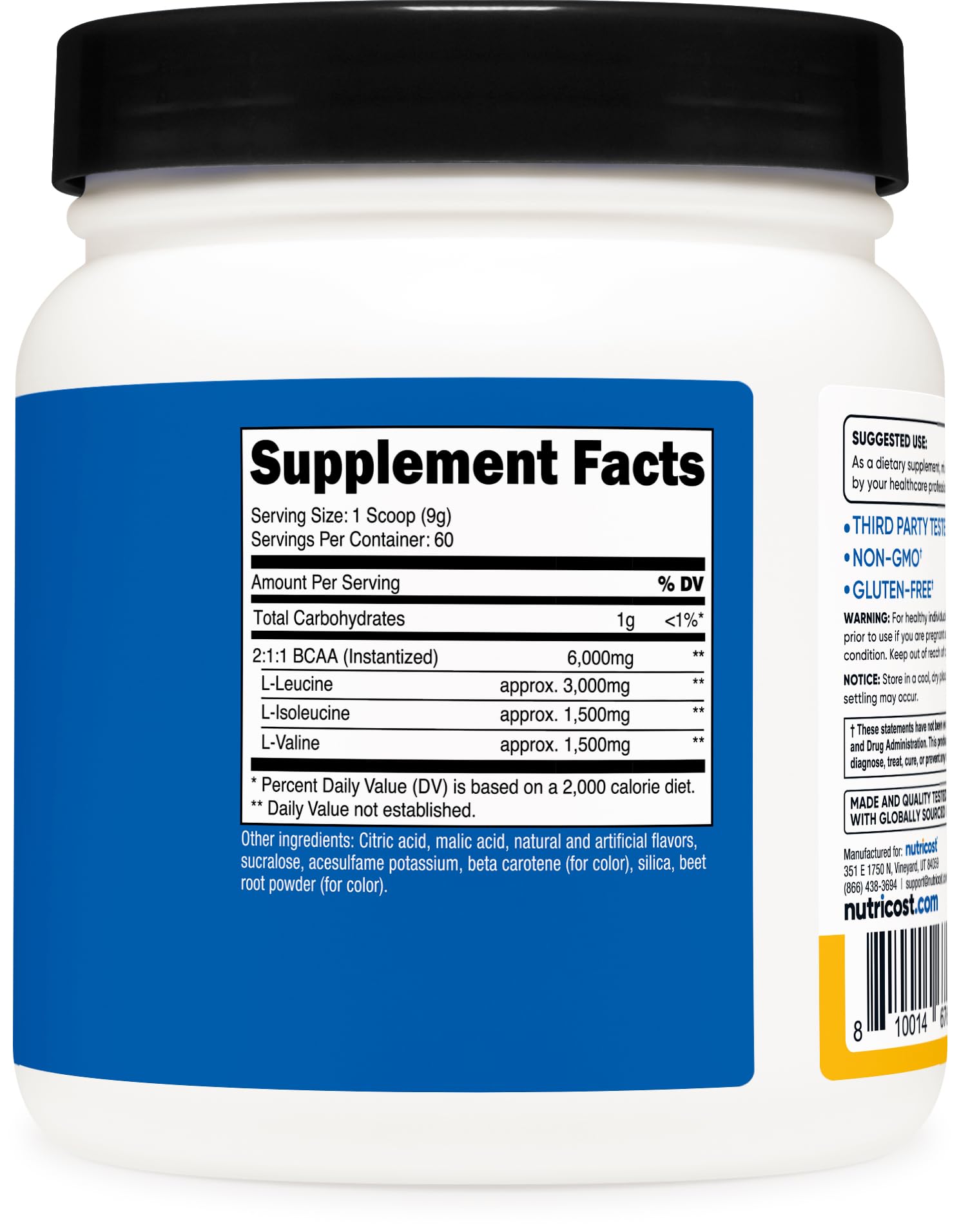 Nutricost BCAA Powder container with scoop and powder