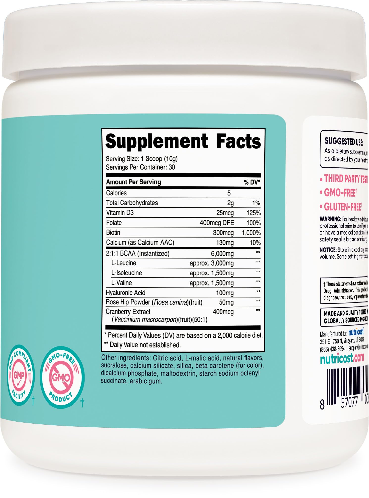 Nutricost BCAA Powder for Women 372g packaging details