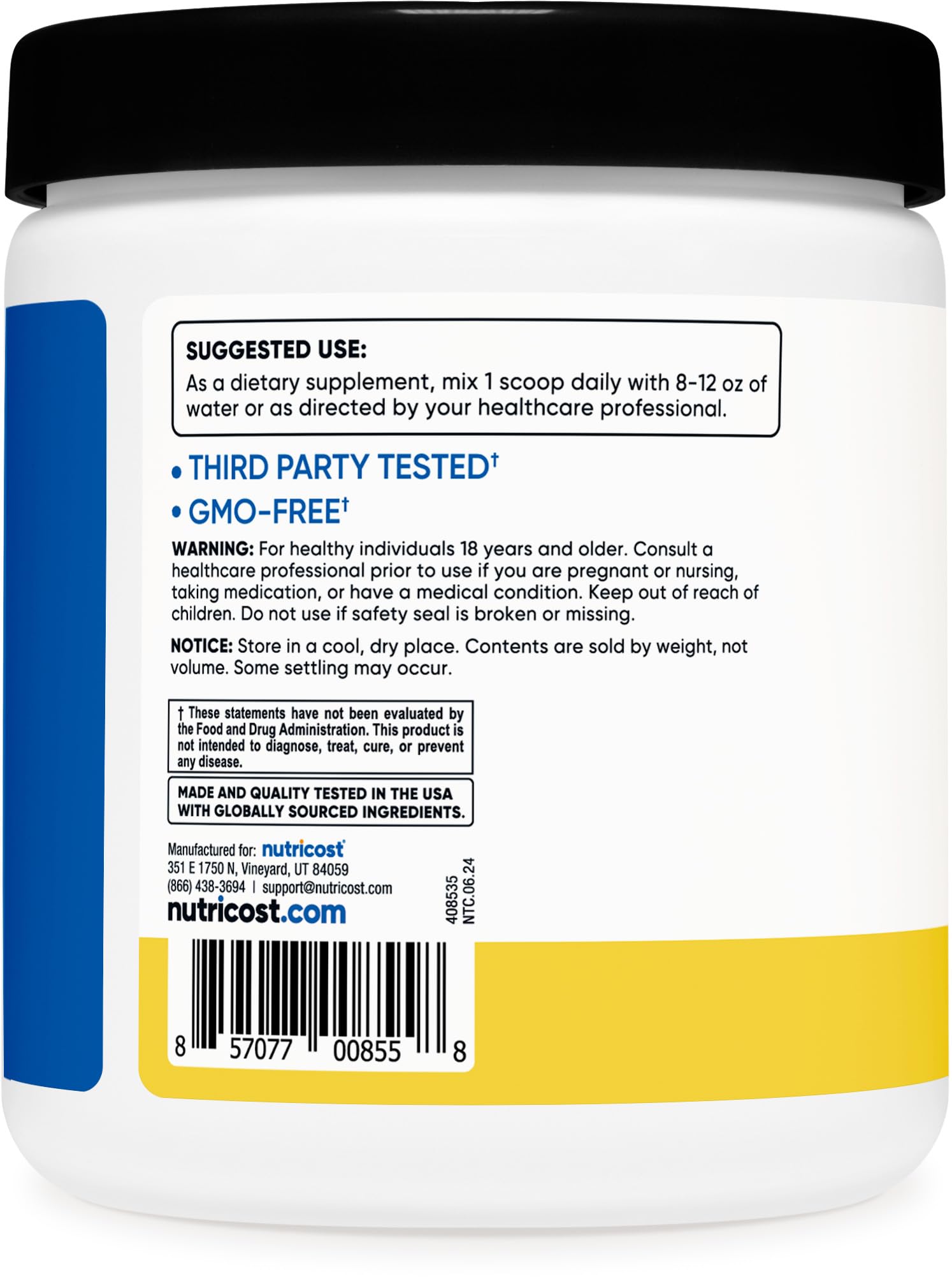 Nutricost BCAA Powder Pineapple Flavour bottle side view