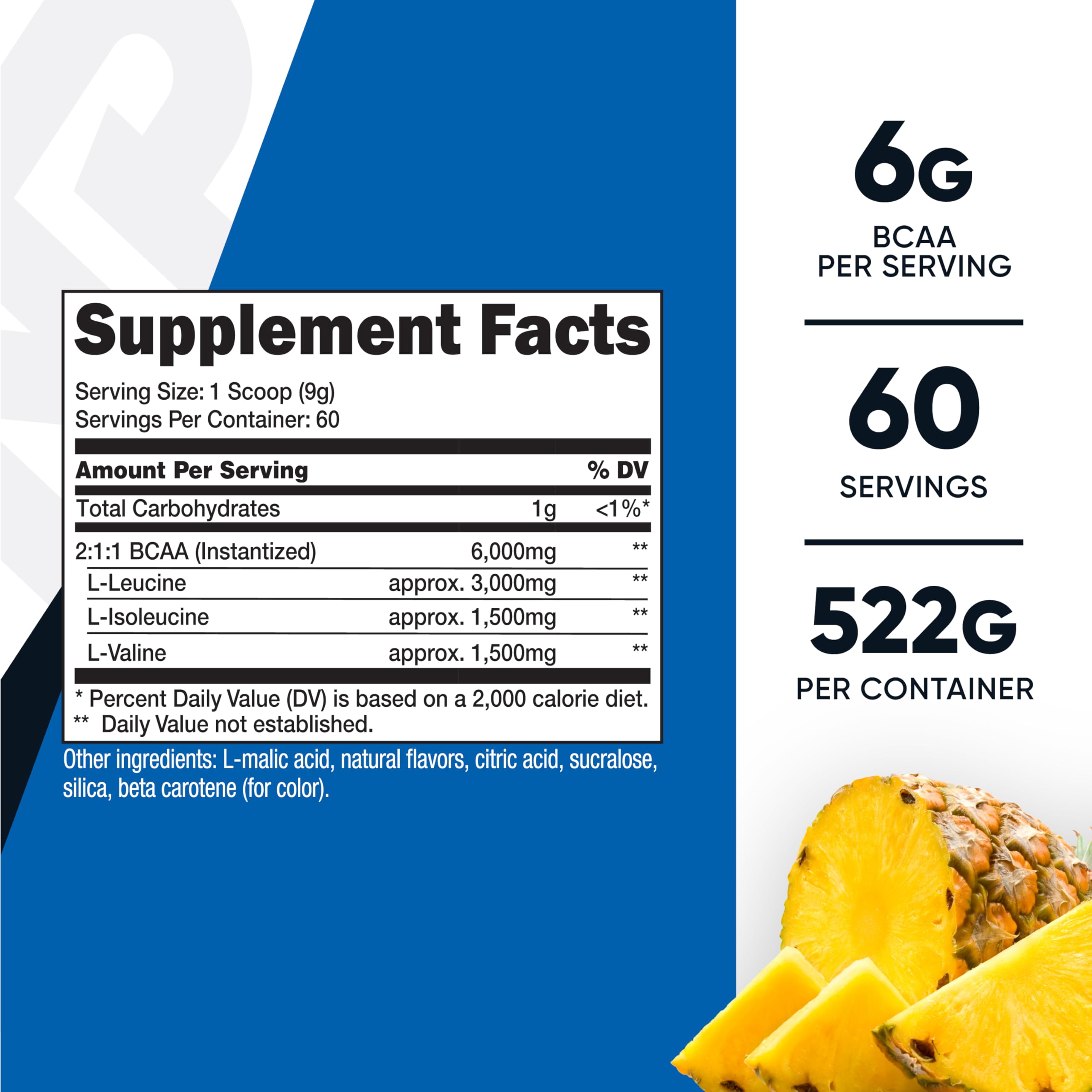 Nutricost BCAA Powder Pineapple Flavour side view