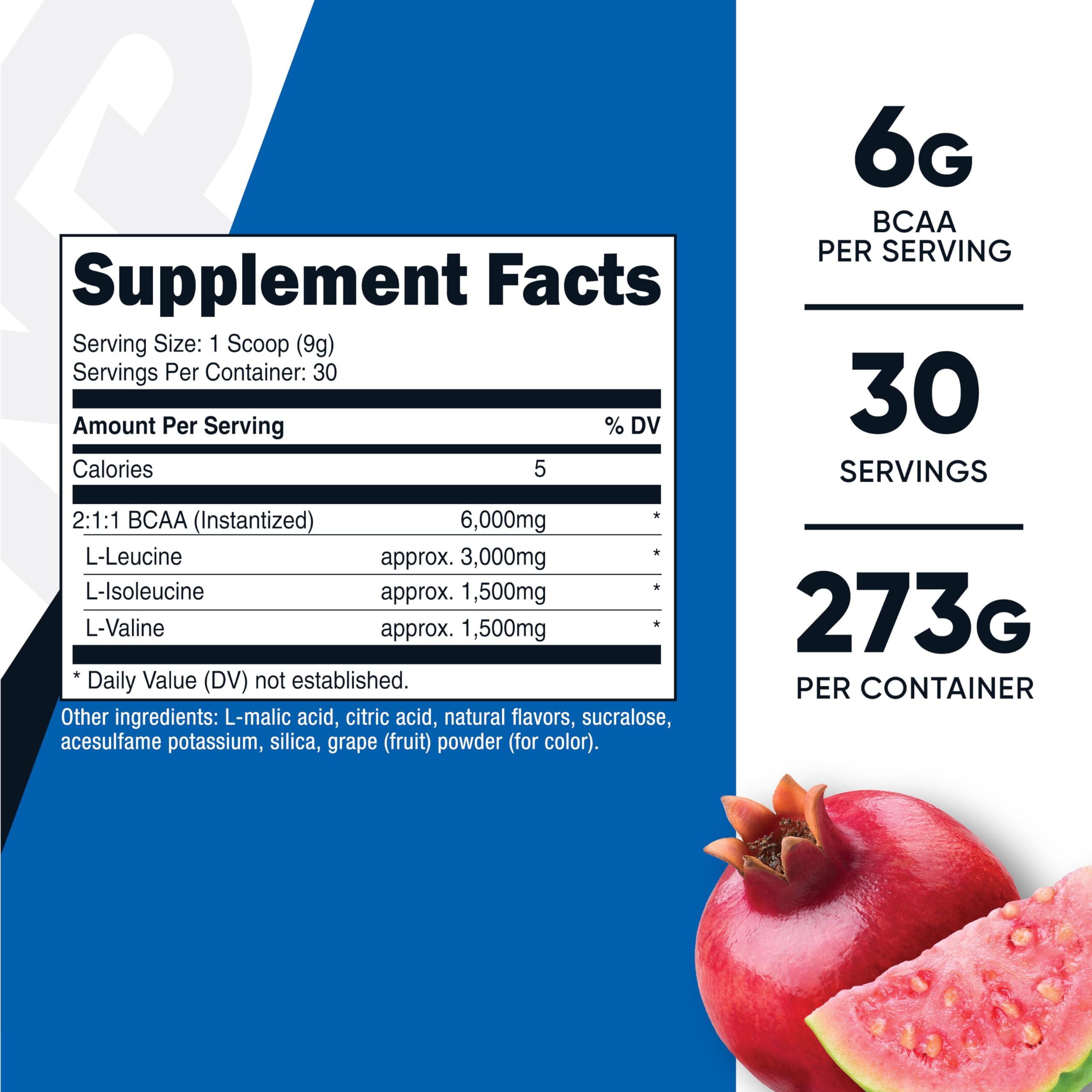 Nutricost BCAA Powder Pomegranate Guava side view showing nutritional information