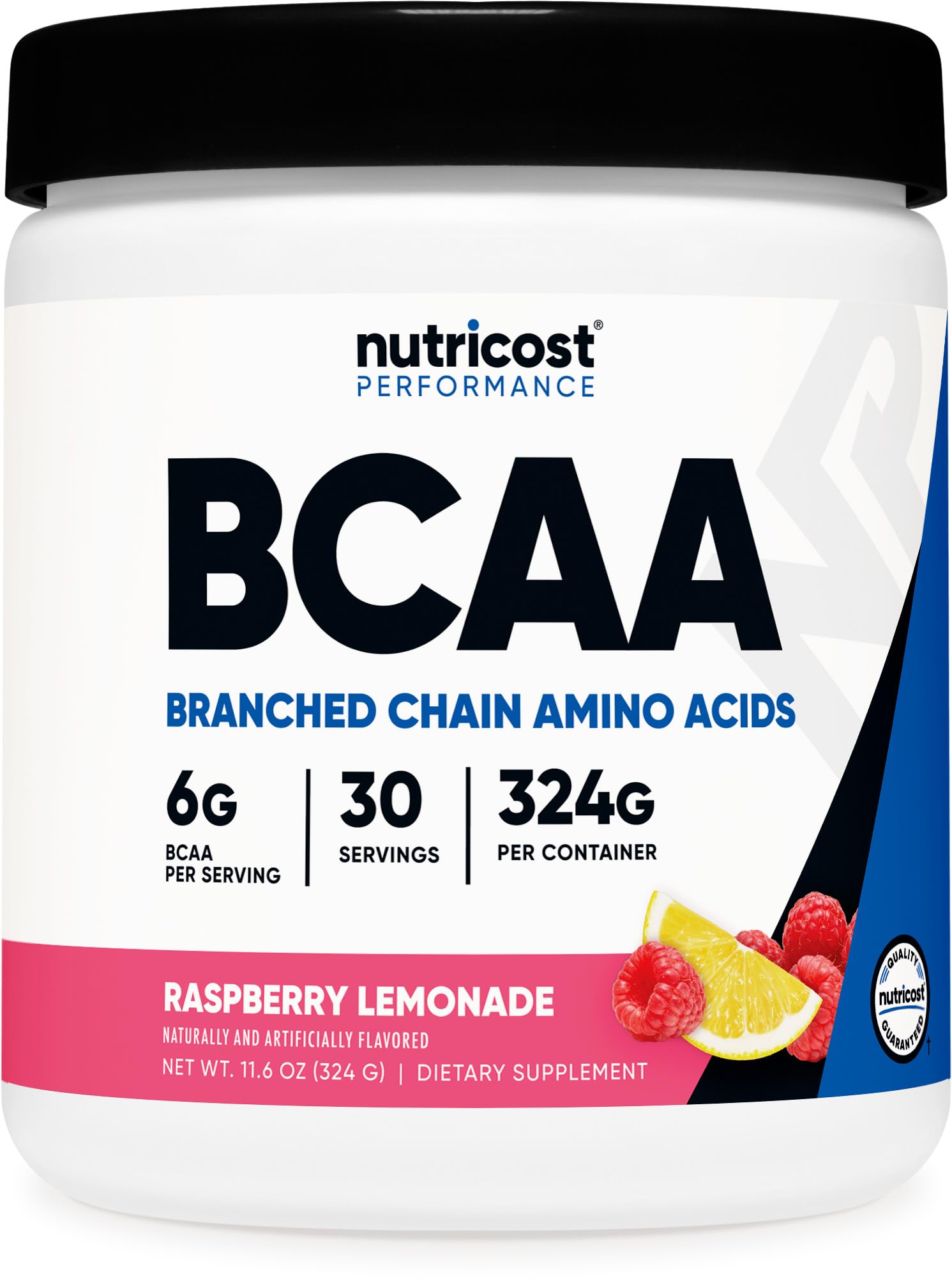Nutricost BCAA Powder Raspberry Lemonade front view with scoop