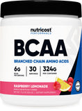 Nutricost BCAA Powder Raspberry Lemonade front view with scoop